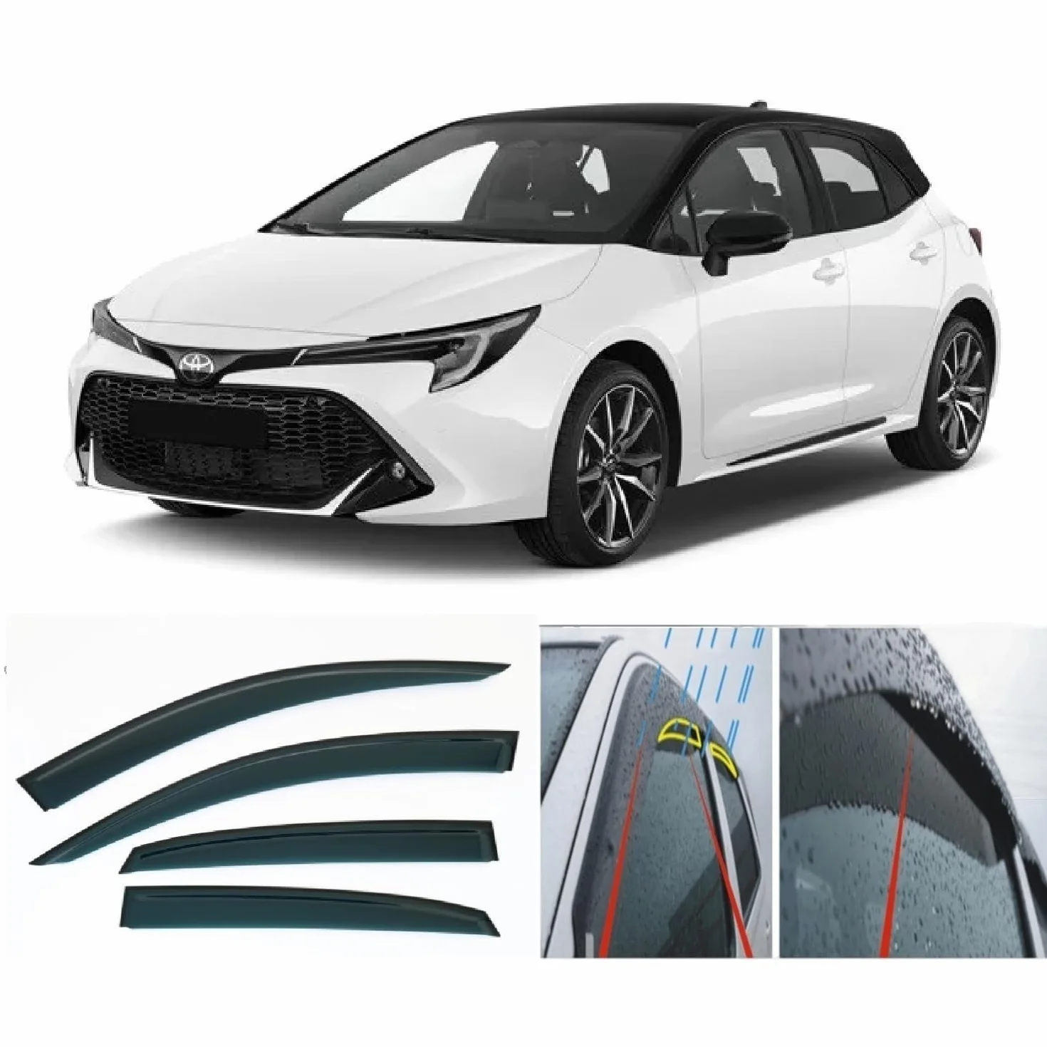 4 deflettori d'aria compatibili con Toyota Corolla Hatchback Hybrid (E210) 5 porte 2018 2019 2020 2021 2022 2023 2024 2025 Parapioggia Parasole Scudi Meteo