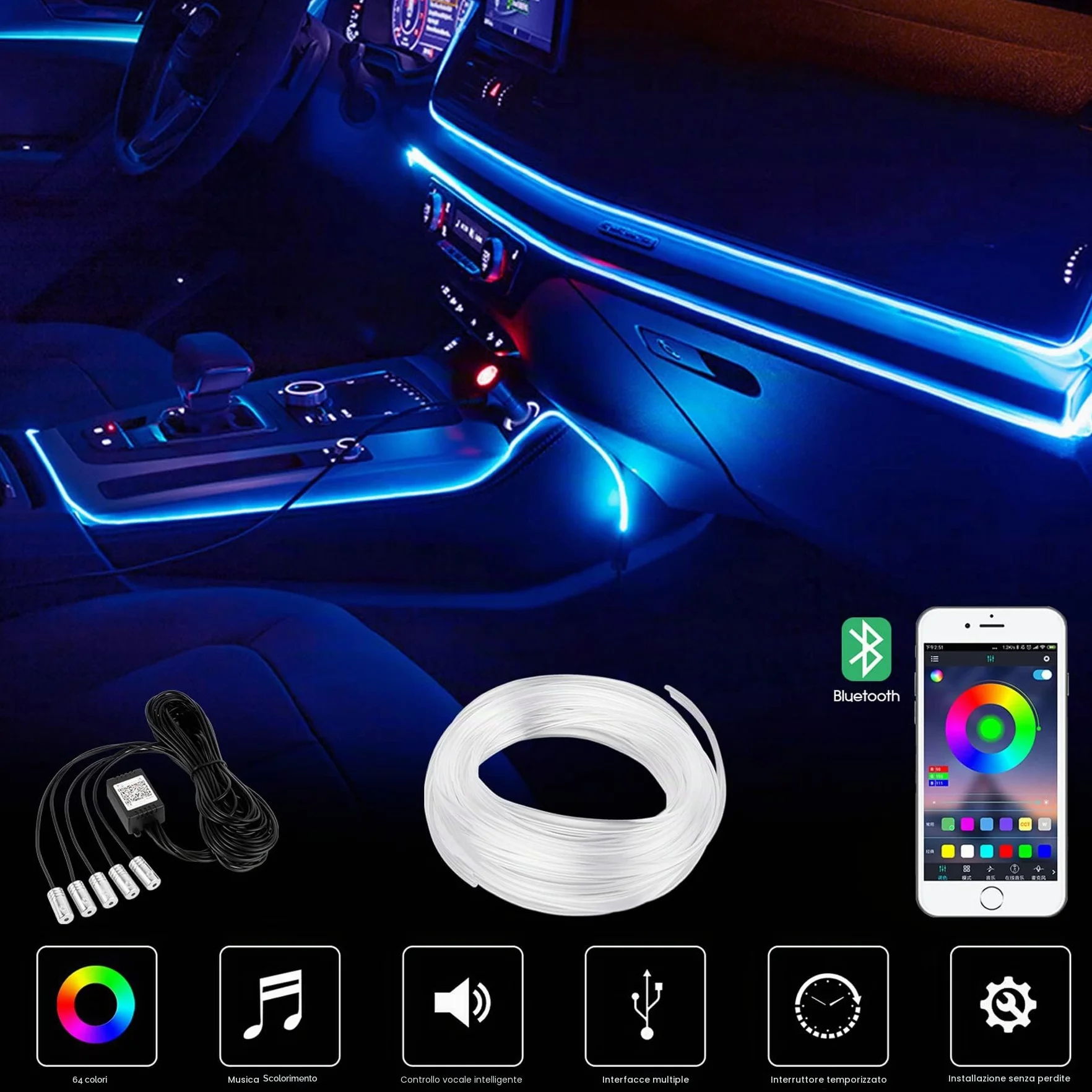 Striscia LED RGB per interni auto, 6 meter, per auto, con app