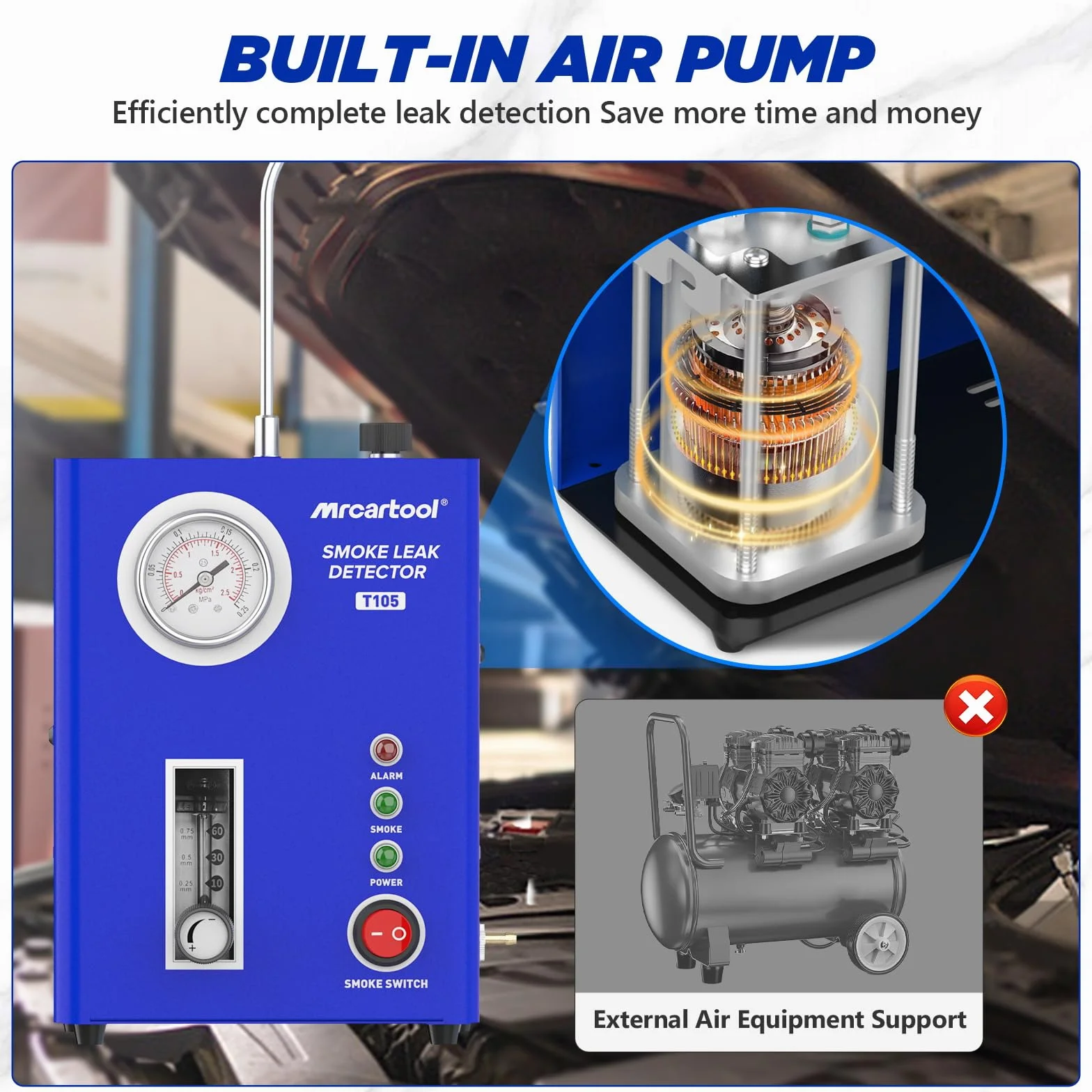 Tester di perdite per automobili T105 con macchina del fumo, pompa dell'aria e manometro, diagnostico EVAP 12V