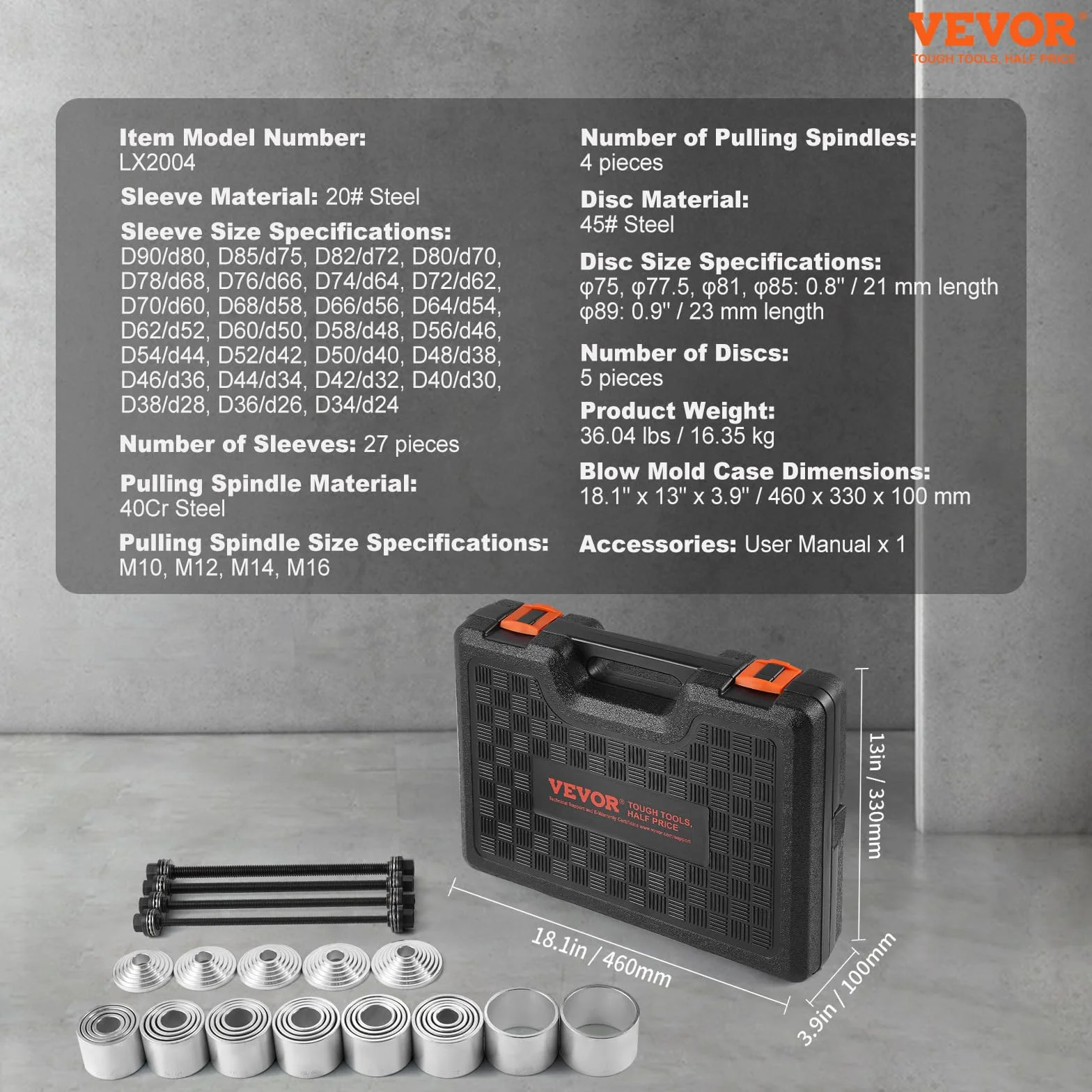 VEVOR Kit Manicotto di Trazione e Pressione 36 Pezzi, Set Rimozione Cuscinetti Boccola Acciaio con Custodia Trasporto
