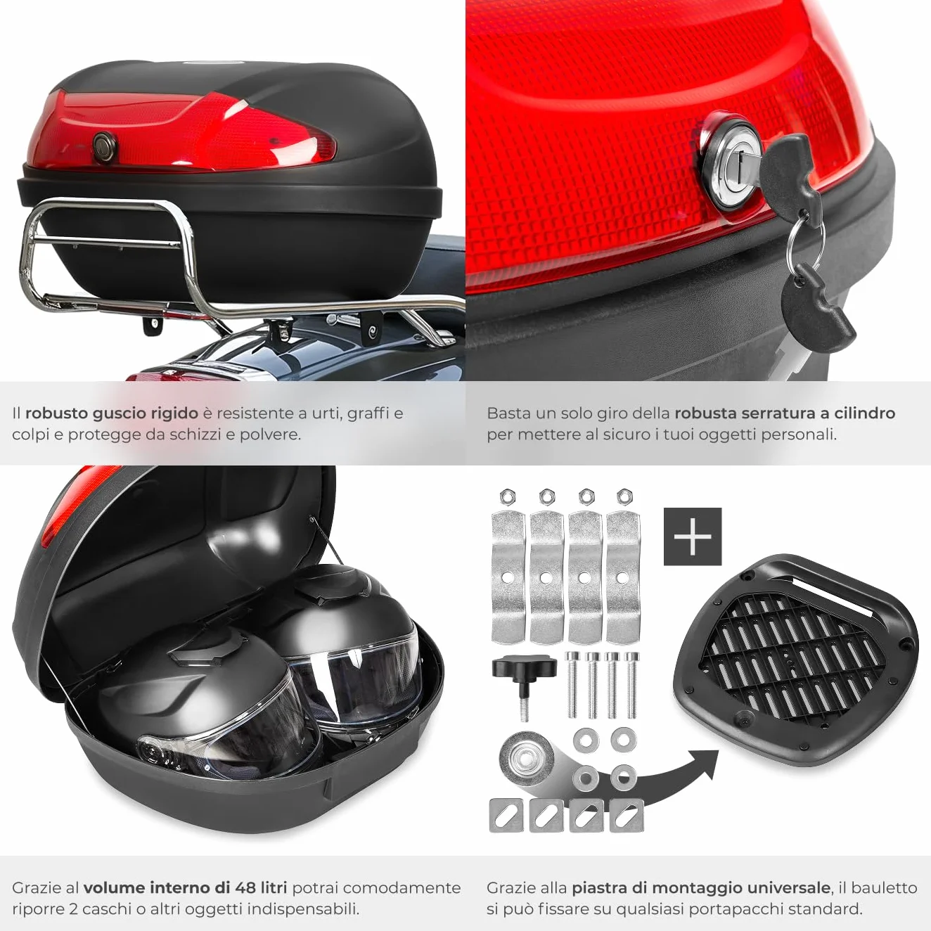 Tectake Bauletto Moto 48 Litri Top Case Universale Valigia Posteriore 2 Caschi Serratura