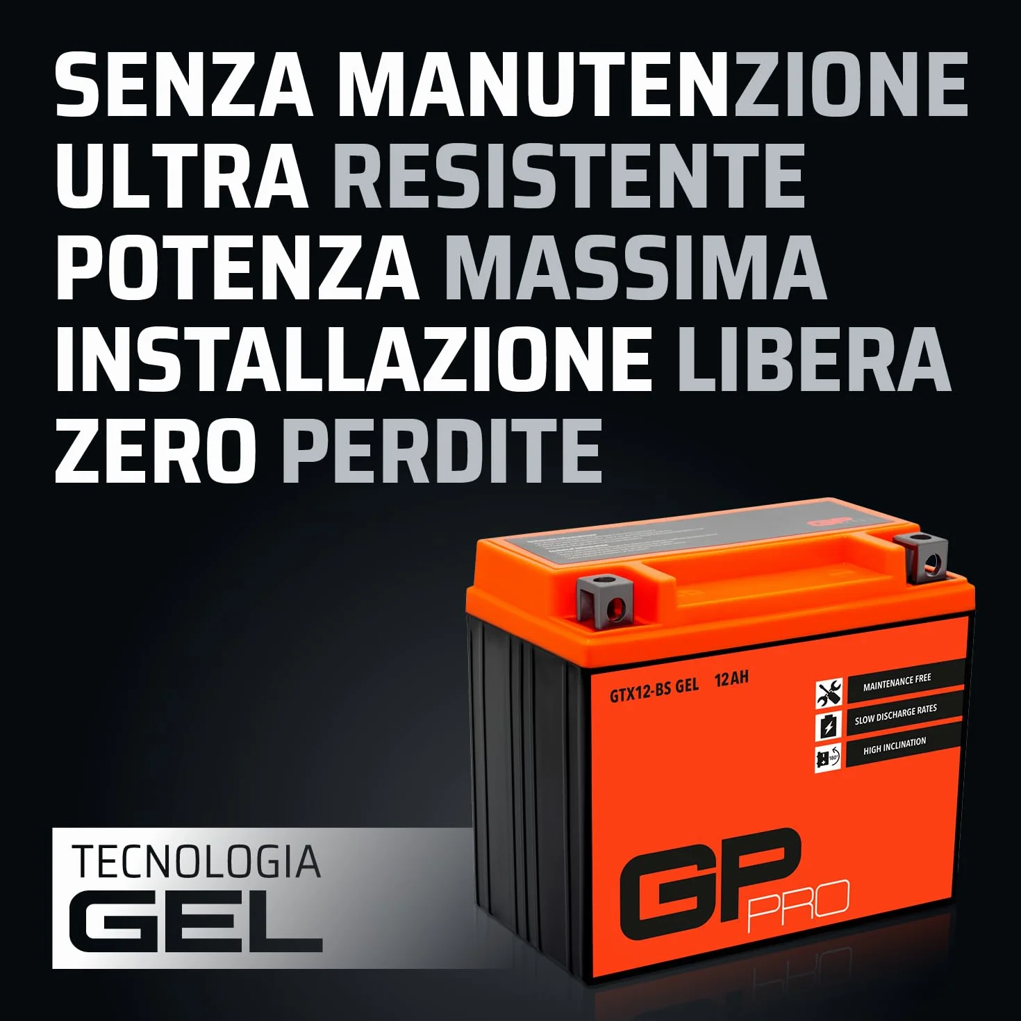 GP-PRO GTX12-BS 12V 12Ah GEL Batteria di avviamento (compatibile con YTX12-BS / 51012) (Esente da manutenzione/Sigillato) Moto Accumulatore