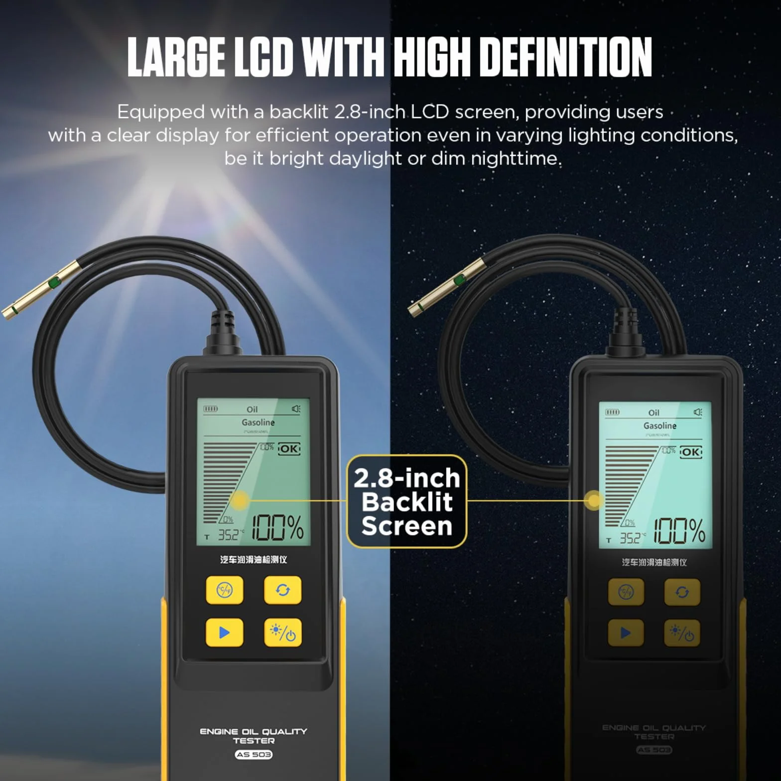 Tester di qualità dell'olio Motore AS503 Tester dell'olio Motore con Schermo da 2,8", sonda di rilevamento ad Alta precisione, Display della Temperatura dell'olio di Trasmissione per Benzina e Diesel