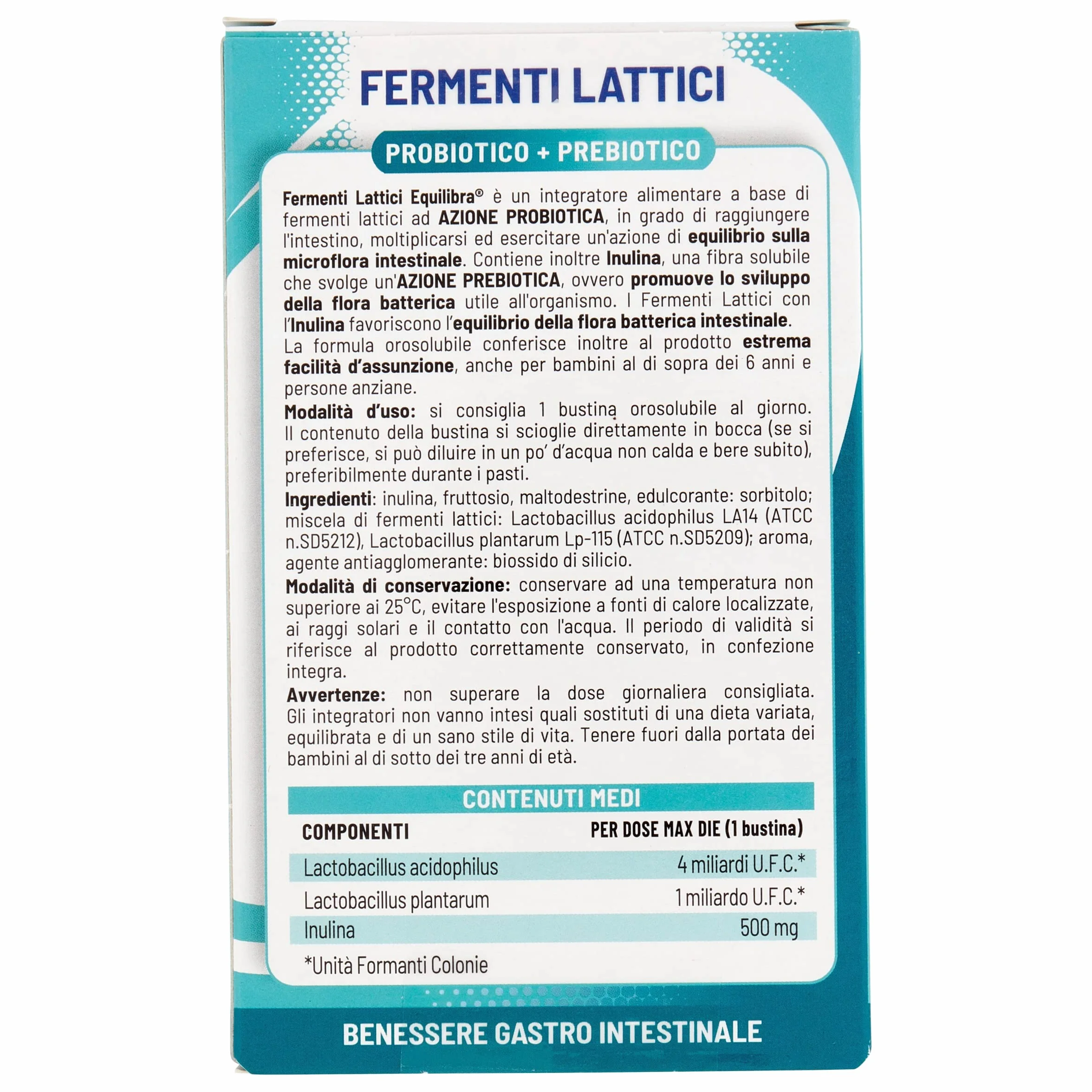 Equilibra Fermenti Lattici 5 Miliardi U.F.C. Probiotico con Inulina 10 Bustine Orosolubili