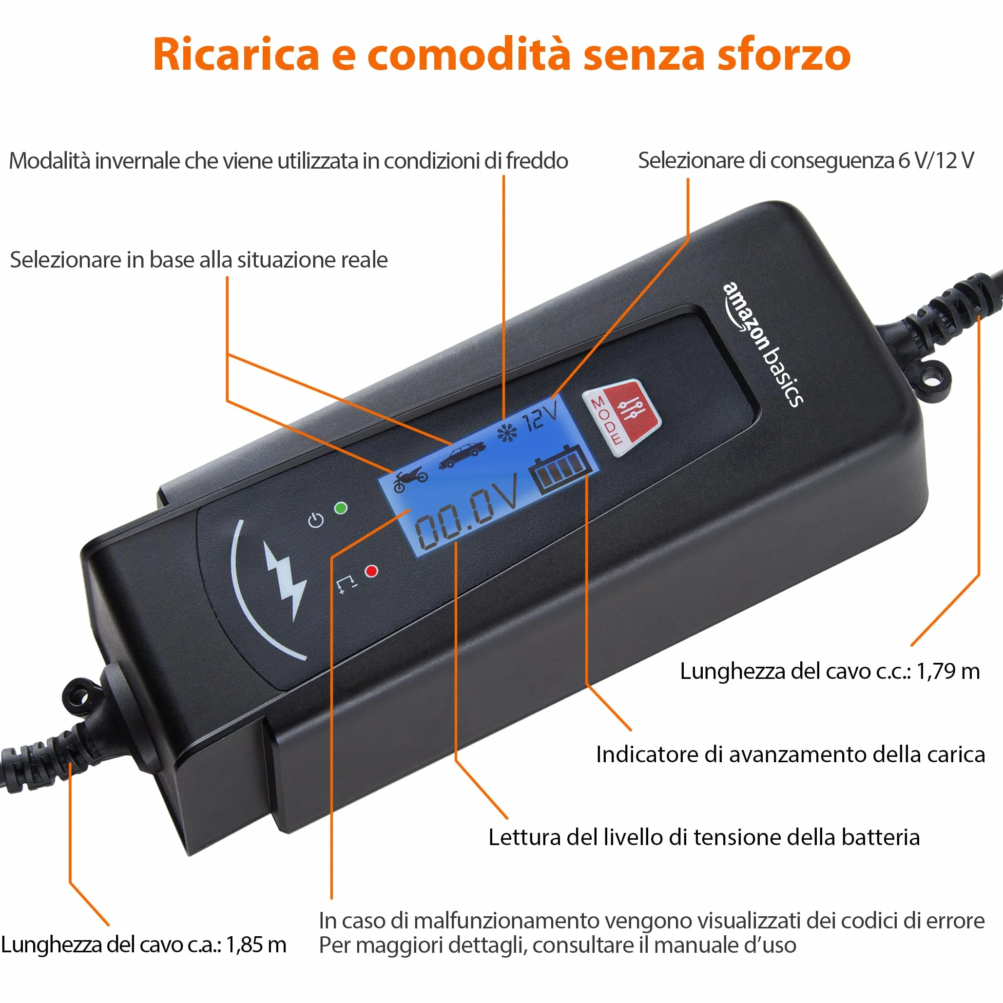 Amazon Basics Caricabatterie automatico intelligente 6V/12V 2A/4A tester batteria presa EU Nero