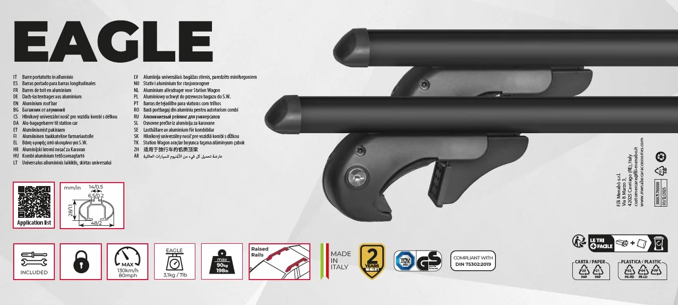 MENABO EAGLE Barre Portatutto da Tetto in Alluminio 120 cm 90 kg T-Slot 14 mm Nero