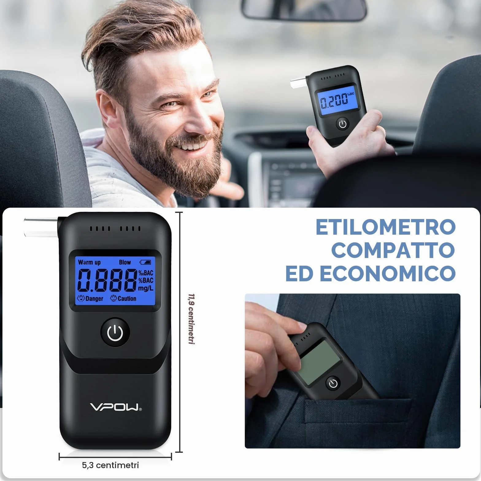 Etilometro Portatile Certificato VPOW con Display LCD Blu, Precisione di Grado, per Uso Domestico e Professionale - Nero Scuro