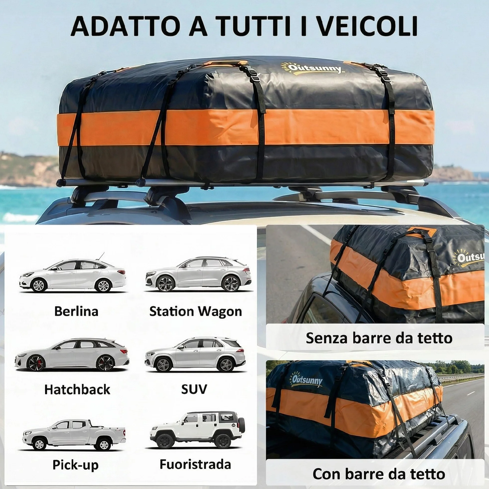 Outsunny Portabagagli da Tetto 425 Litri Impermeabile, Borsa da Tetto Auto, Arancione