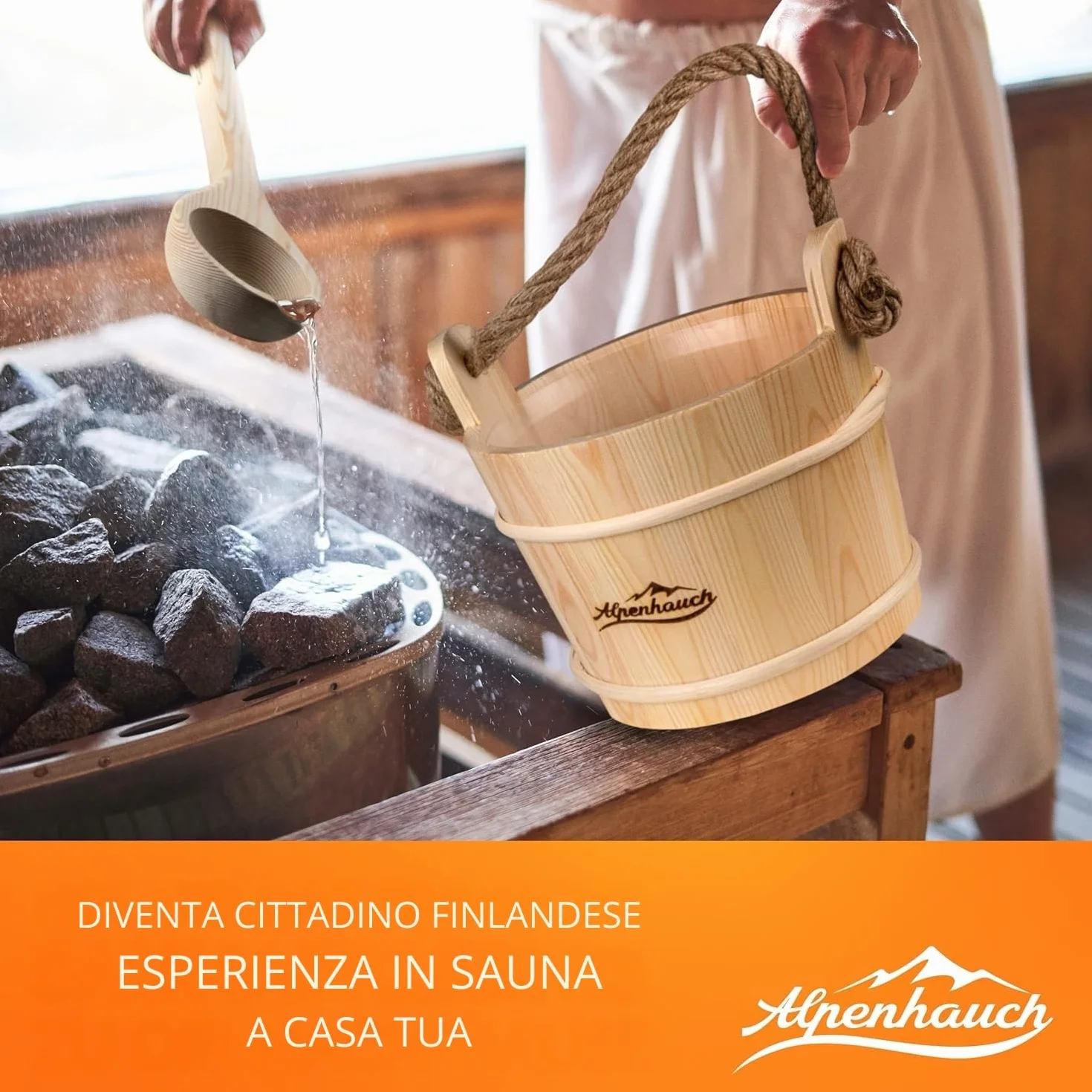 ALPENHAUCH Secchio per sauna con cazzuola legno naturale, set accessori durevoli per infusione