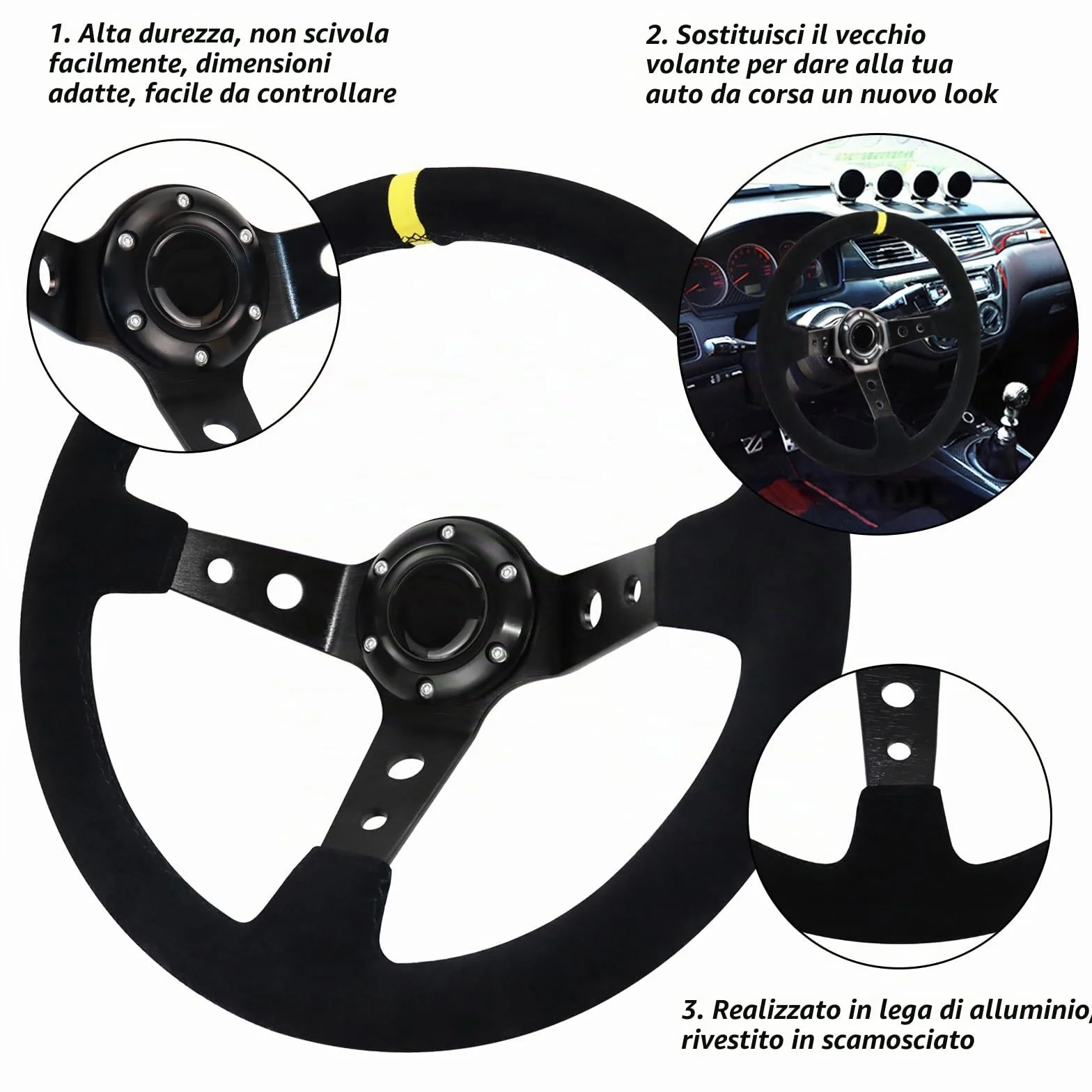 Volante da corsa universale 13,6" impugnatura pelle scamosciata Deep Dish con pulsante clacson nero
