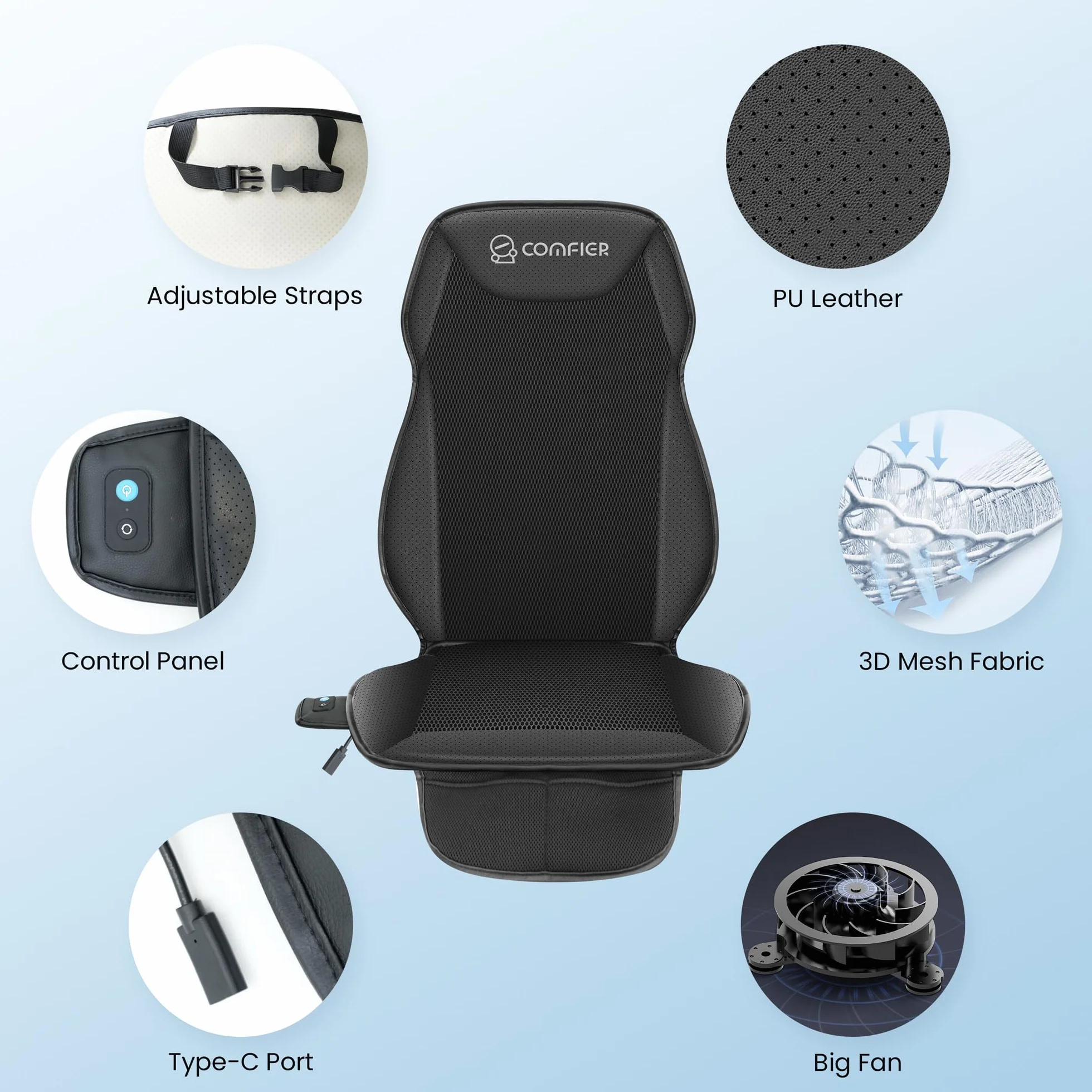 COMFIER Cuscino Rinfrescante per Sedile Auto 12V Coprisedile Ventilato Regolabile Nero Universale