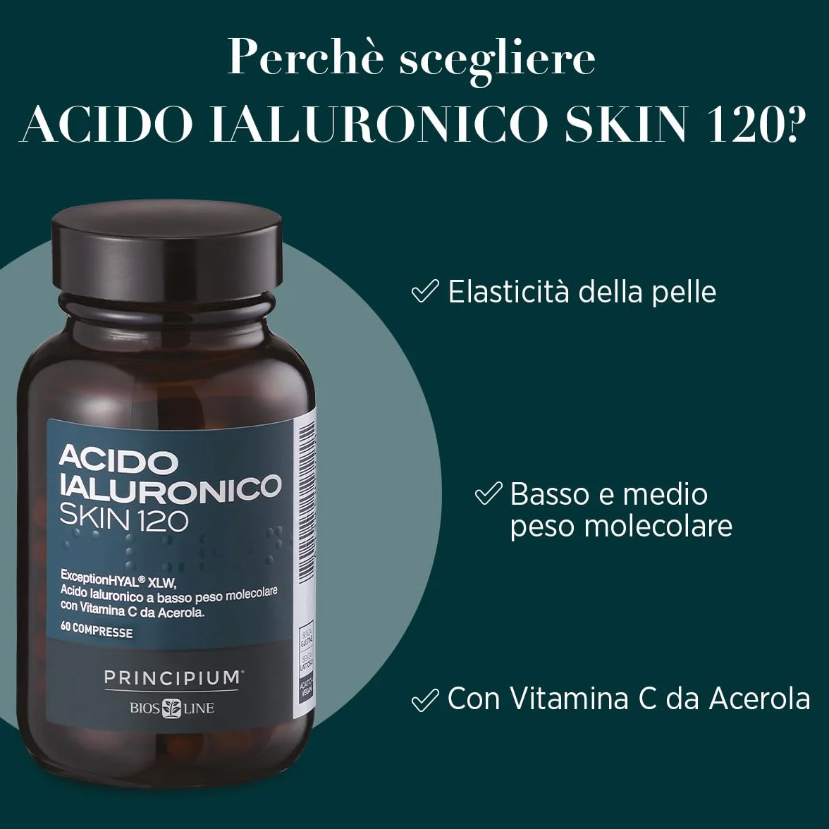 BIOS LINE Principium Acido Ialuronico 120 Integratore Alimentare per la Pelle, 60 Compresse