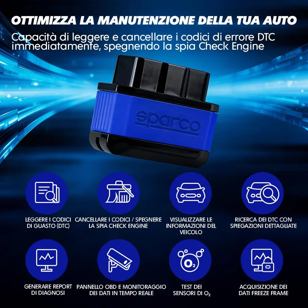 Sparco OBD2 Scanner Bluetooth 5.2 Diagnosi Auto Multimarca Lettore Codici DTC
