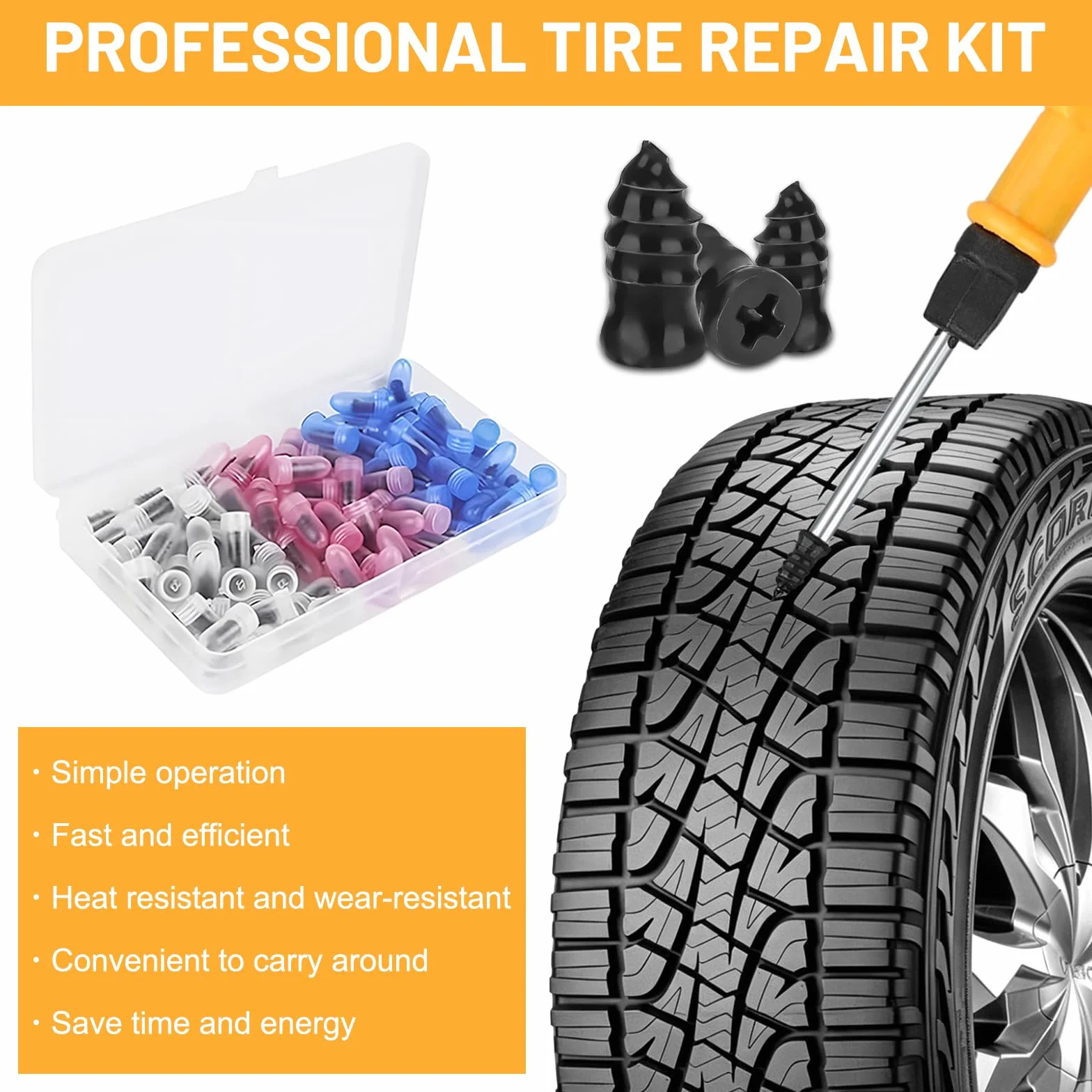 Kit Riparazione Pneumatici Auto 100 Pezzi, Set Chiodi Tubeless, Cacciavite e Scatola