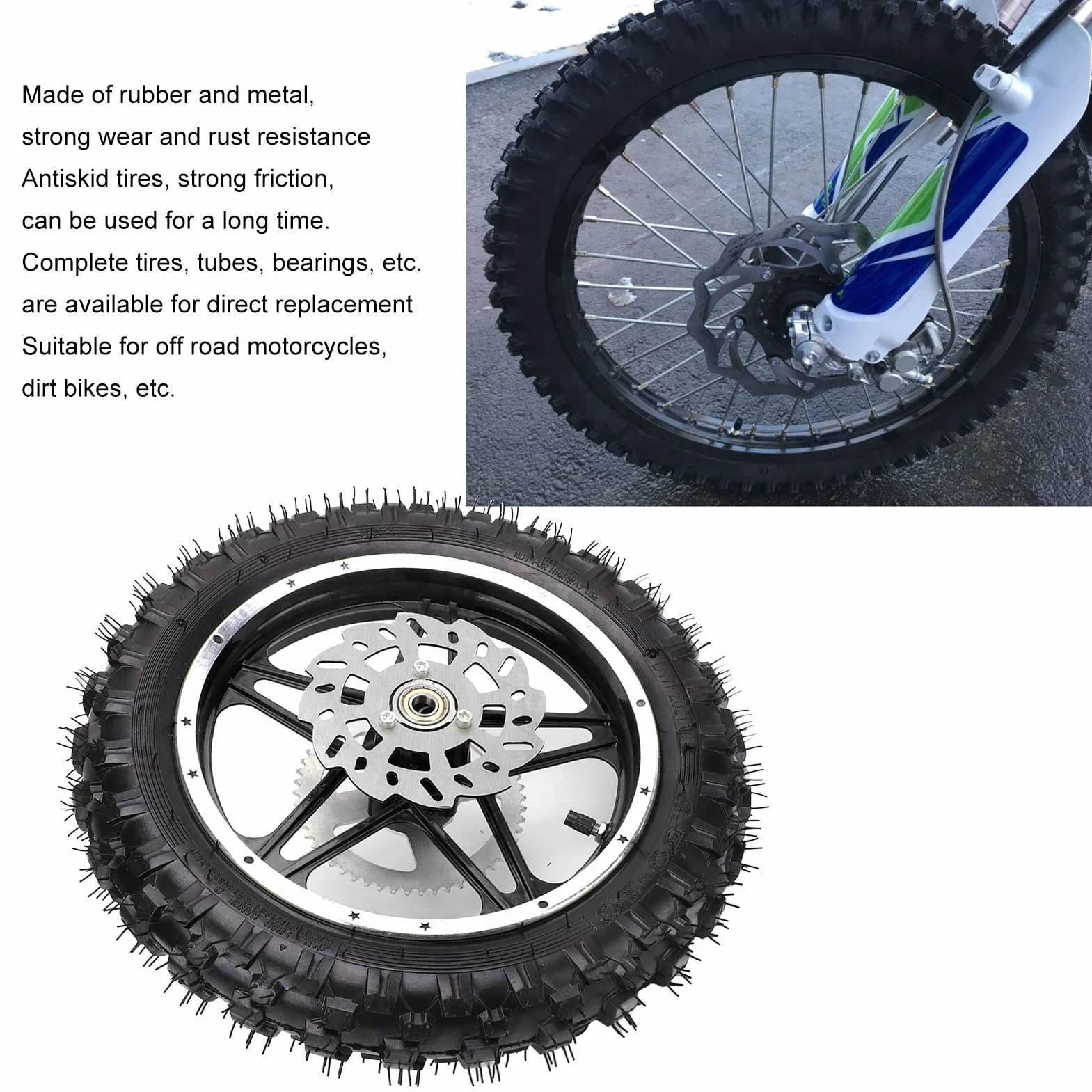 Gruppo ruota posteriore per moto da cross, pneumatico 2,5 x 10, costruzione in gomma e metallo con pignone a disco e cuscinetto