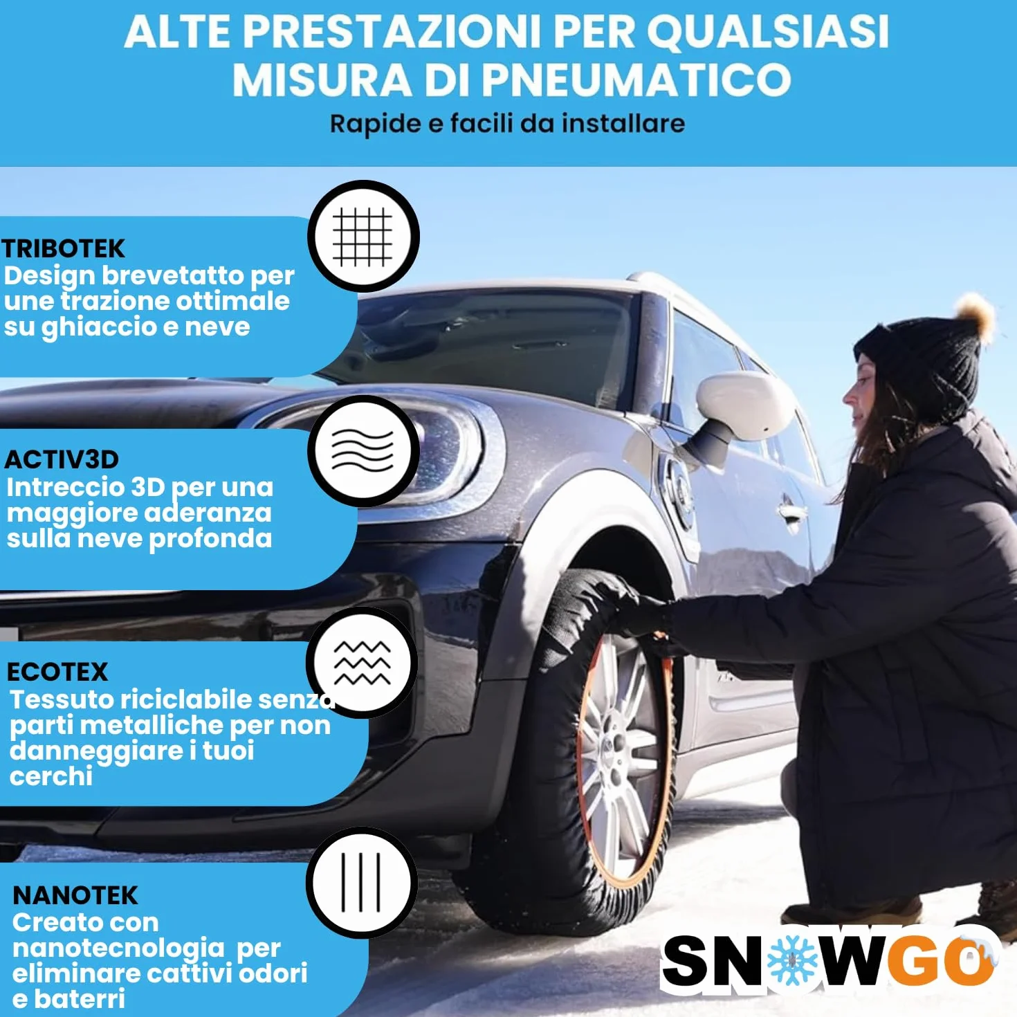 SNOWGO - Set di 2 calze da neve in tessuto - Taglie da M a XL - Omologate 16662-1 Europa - Compatibili con veicoli 4x4, veicoli elettrici, furgoni e veicoli commerciali <3,5T. (XL)