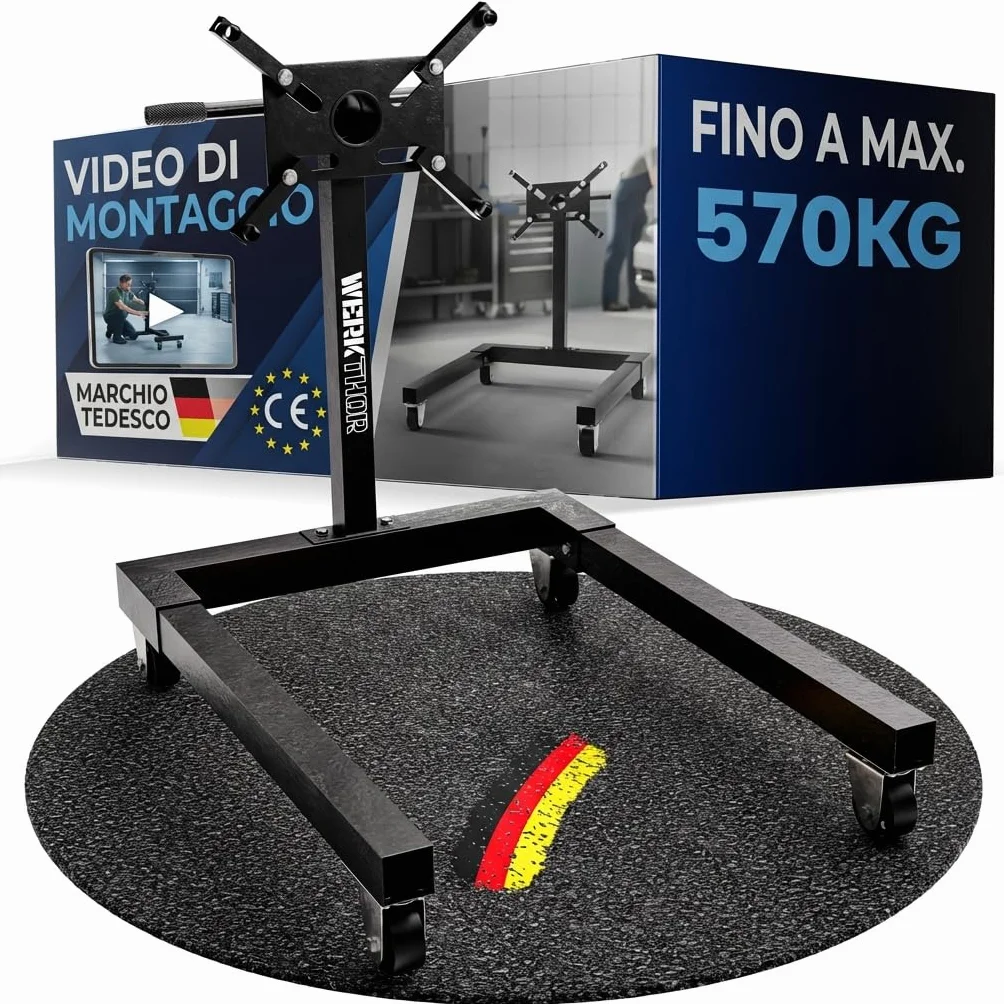 WERKTHOR Supporto Motore 570 kg Heavy Duty Engine Stand Girevole 360° Nero