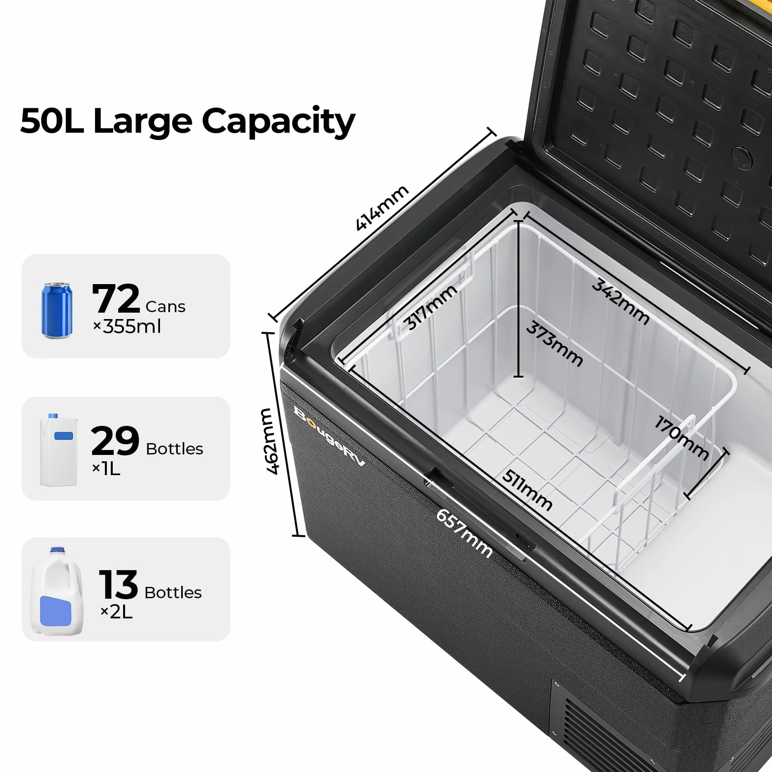 BougeRV CRS 50L compressore frigo box 12 V/24 V 230 V con controllo APP cestino integrato portatile per auto, congelatore, campeggio, frigorifero, elettrico, IPX4, impermeabile, per viaggi, barca