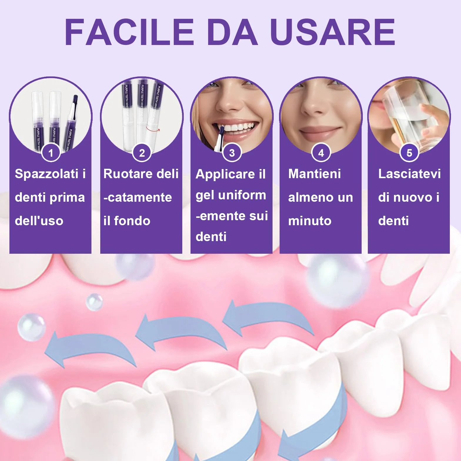 Kit Sbiancante Denti Professionale, Gel Sbiancamento Dentale, Rimuove Macchie Caffè, Viola 3 Pezzi