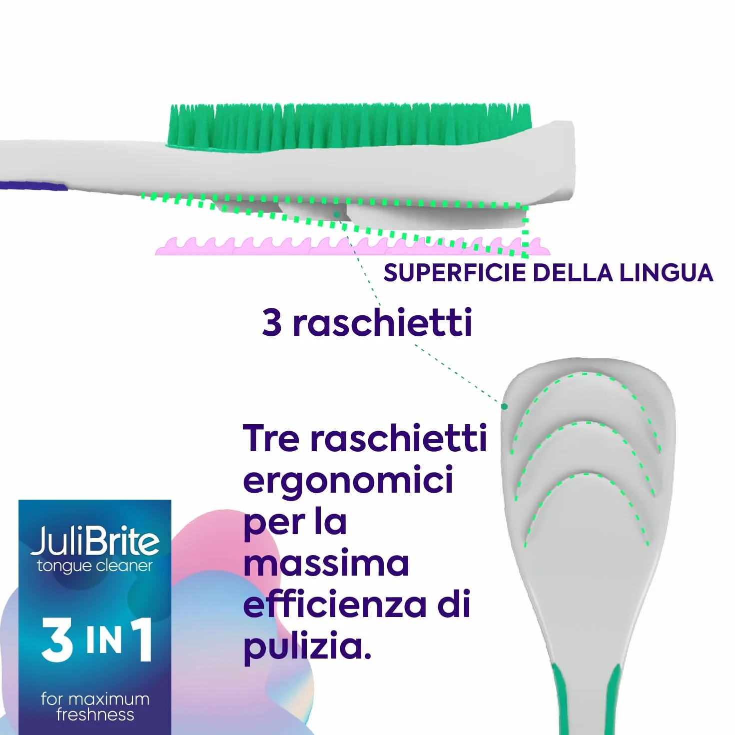 JuliBrite Kit per la pulizia della lingua 50 ml Raschietto lingua Alito fresco