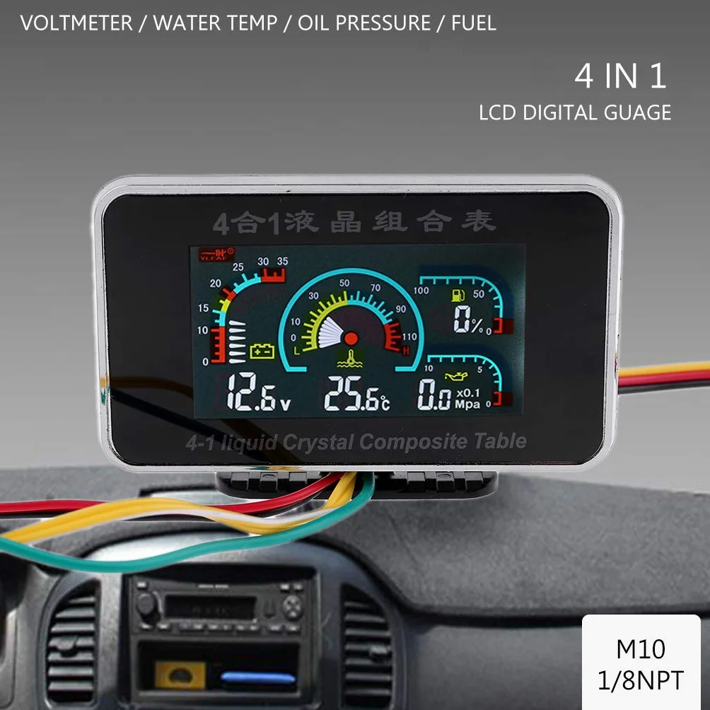 4 in 1 LCD Digital Alarm Voltmetro Pressione Olio Temperatura Acqua Carburante 12-24V