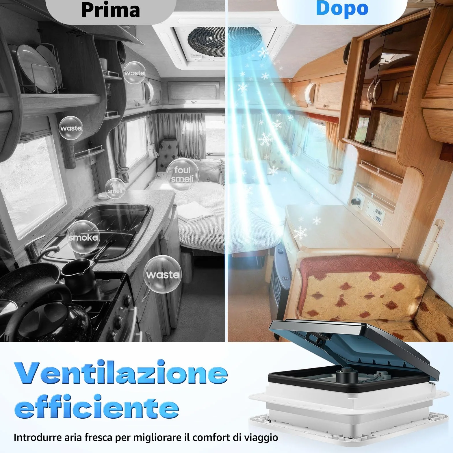 Finestra da tetto per camper 28x28 cm ventilazione insonorizzata ventola estrazione aria manuale LED 30W 12V