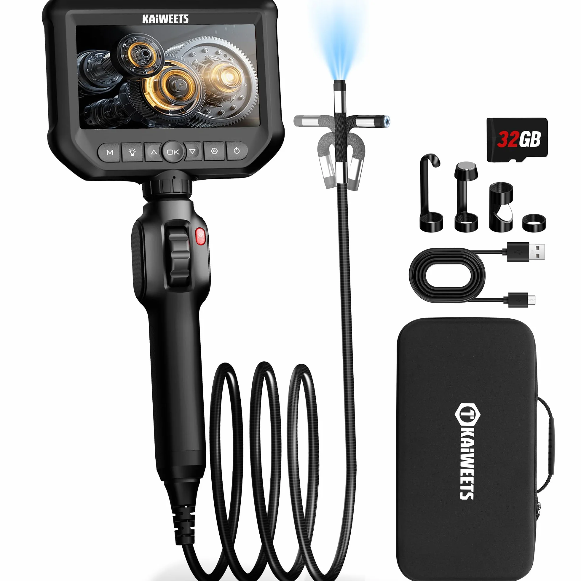 KAIWEETS Telecamera Endoscopica 4.3'' IPS 1080P con Controllo a Rotella Rotazione Bidirezionale 210° Impermeabile IP67 Flessibile Endoscopio