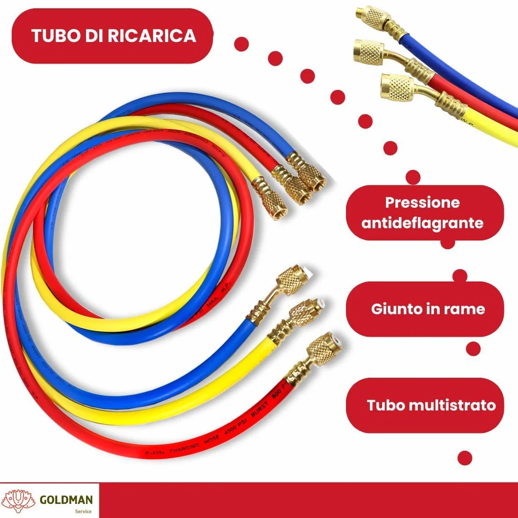 Kit Manometro Climatizzazione 3 Tubi Ricarica Gas Refrigerante Auto AC R410A R407C R32 R134a