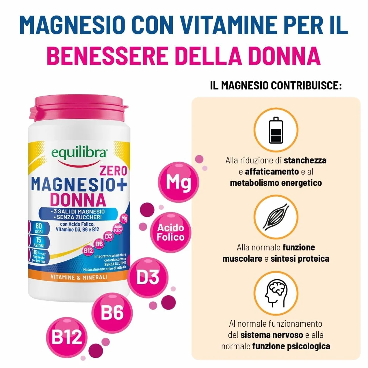 Equilibra Magnesio Donna Zero Zuccheri 200g Polvere 3 Sali di Magnesio Bisglicinato Pidolato Carbonato Acido Folico Vitamina D3 B6 B12 Solubilità Istantanea Sapore Agrumato