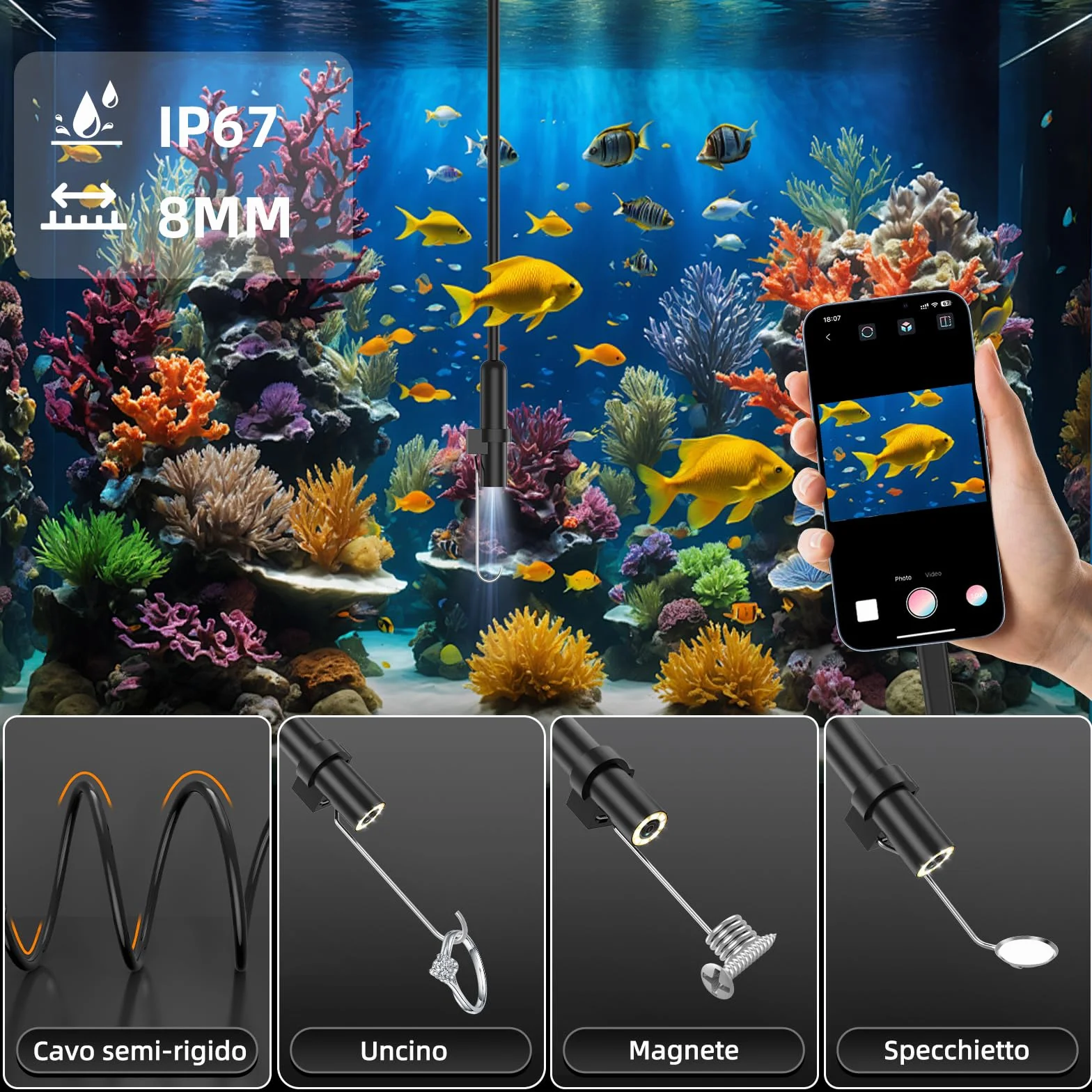 Endoscopio Per Smartphone Telecamera Endoscopica 1920P HD IP67 5M 8 LED