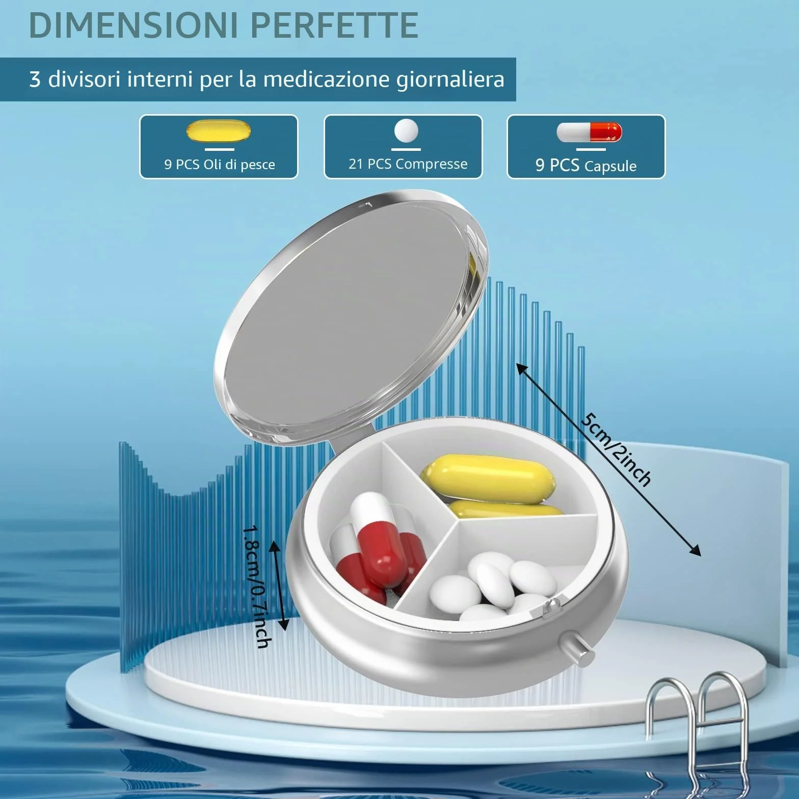 Portapillole Metallico 3 Scomparti Portatile Organizer Medicina Vitamina Sun and Moon