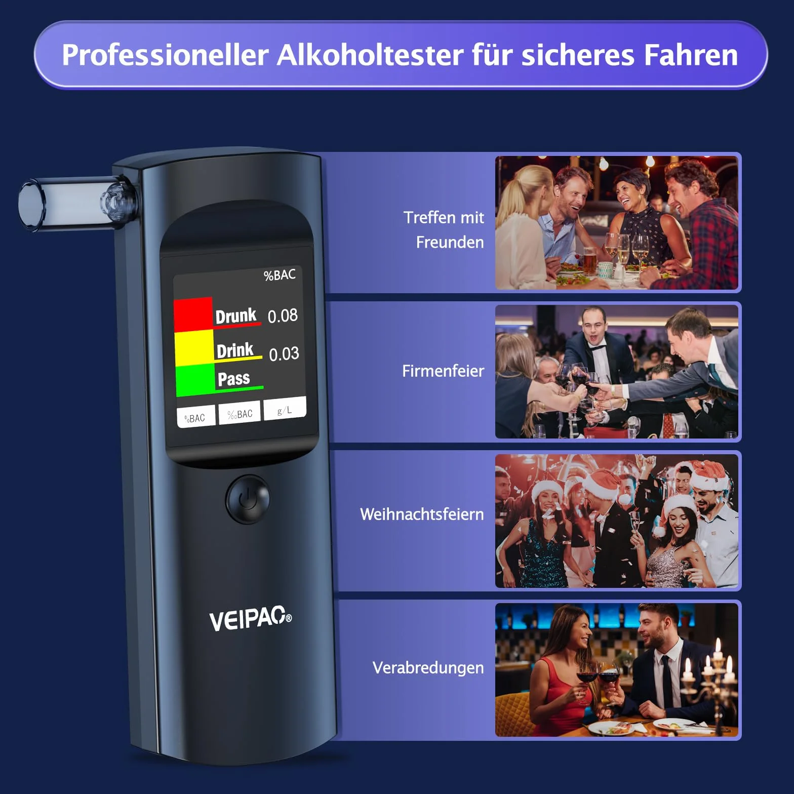 Etilometro Portatile Certificato Alcol Test Professionale Italiano con 11 Boccagli Schermo LCD Digitale Alta Precisione Nero