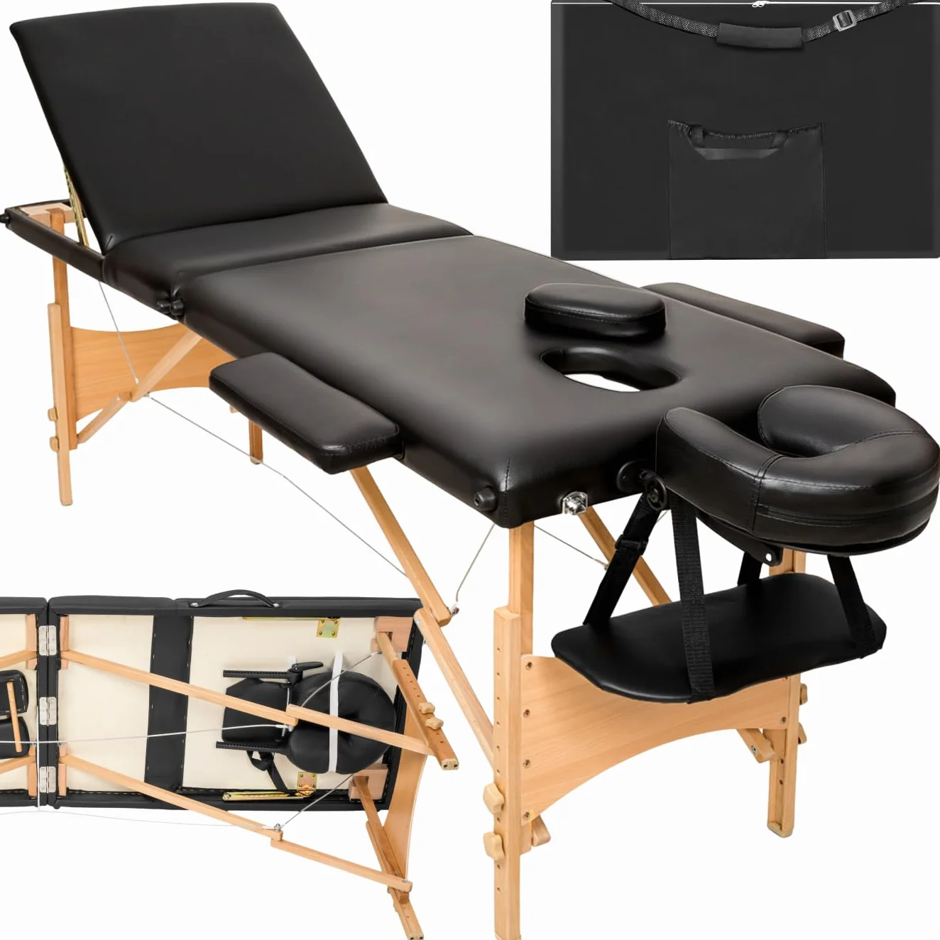 Lettino Massaggio 3 zone Pieghevole Portatile Rivestimento Vinile Idrorepellente Nero