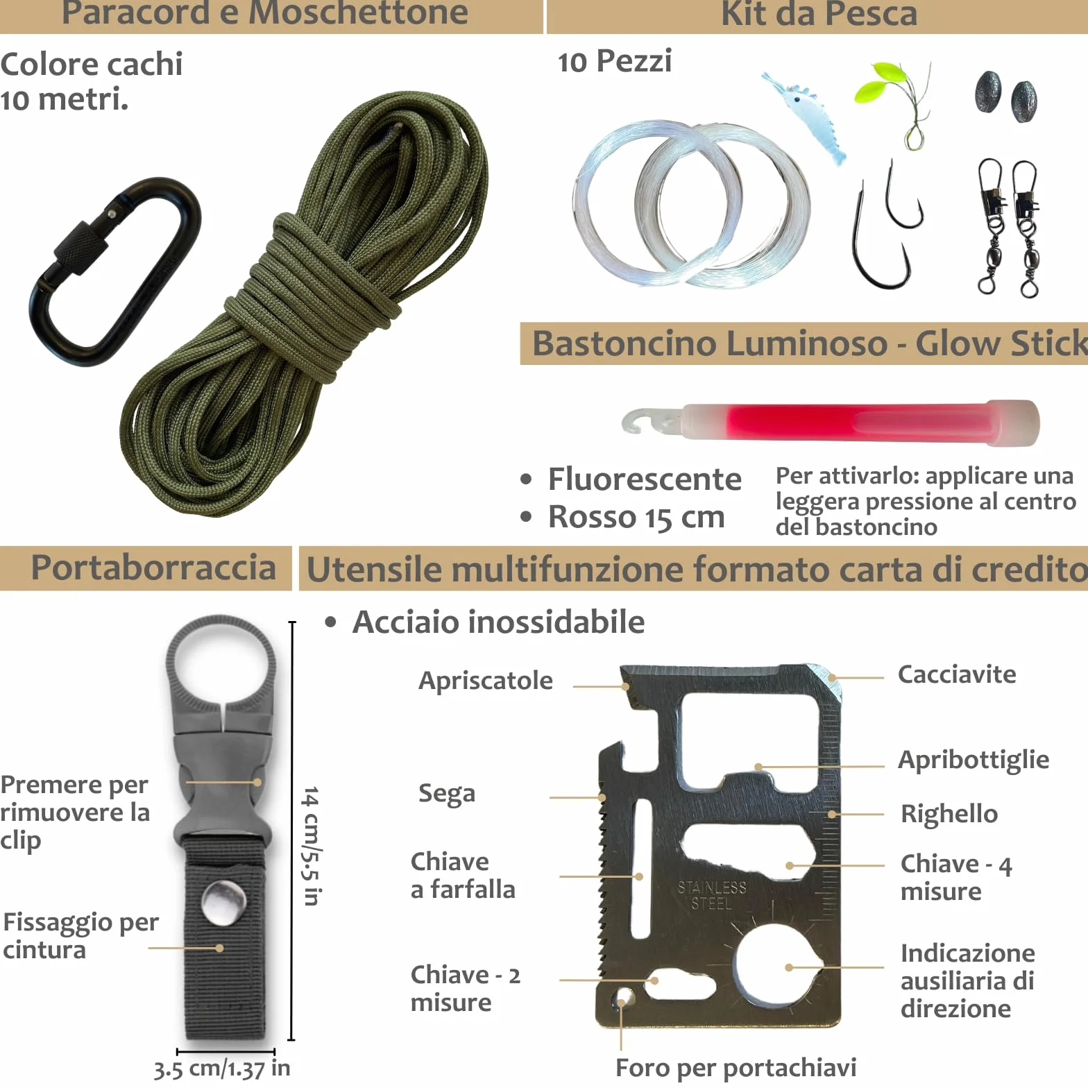 Kit Sopravvivenza & Primo Soccorso – Kit di Emergenza con 16 Strumenti Multifunzione e Più di 60 Articoli di Primo Soccorso – Ideale per Auto, Trekking, Campeggio & Scout – Robusto & Completo