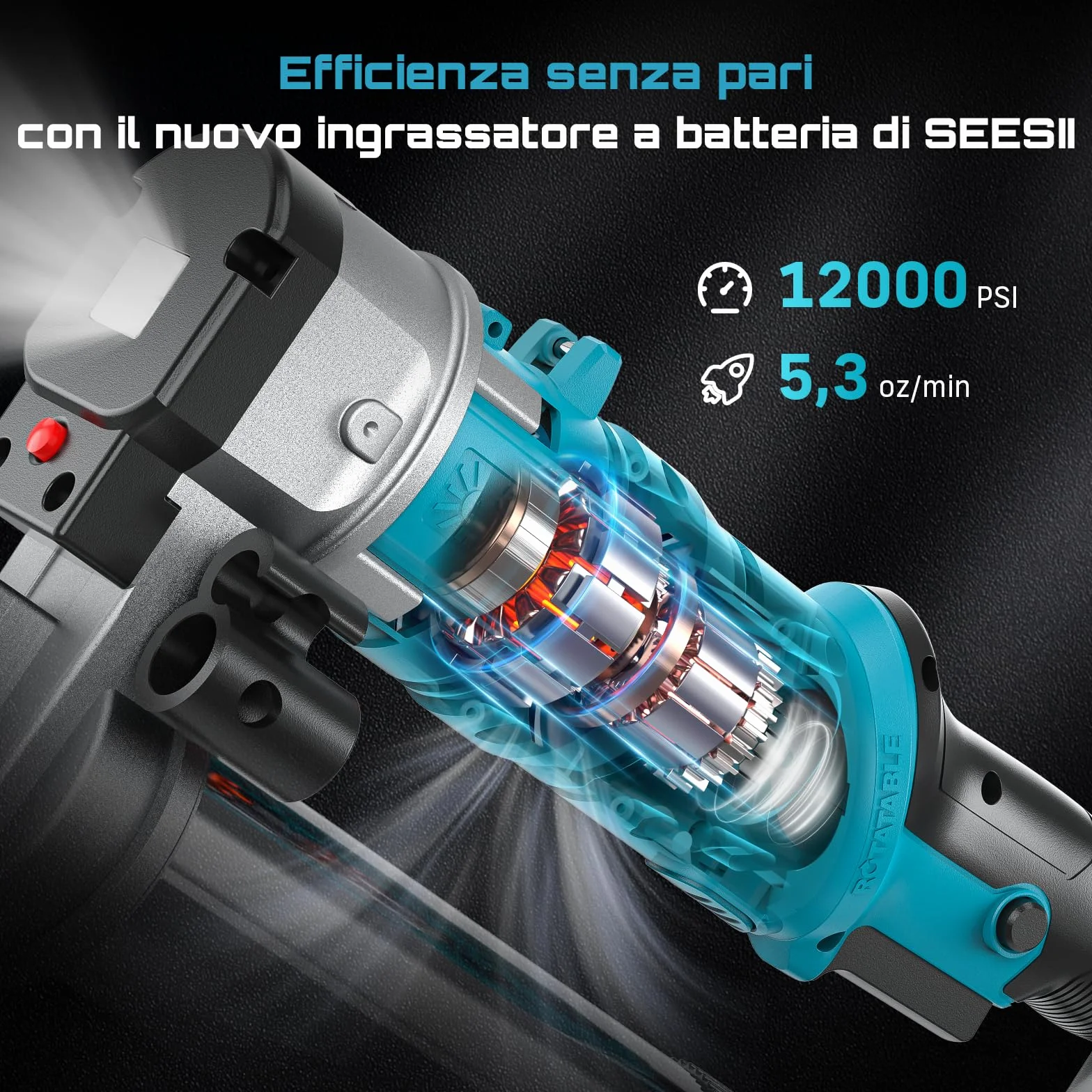 Seesii Innovativo Ingrassatore a Batteria 2-in-1: Ingrassatore Elettrico ad Alta Efficienza da 5,3 oz/min e 12000 PSI con 2 Batterie da 2,0Ah e Caricatore, Pistola per Grasso Facile da Usare
