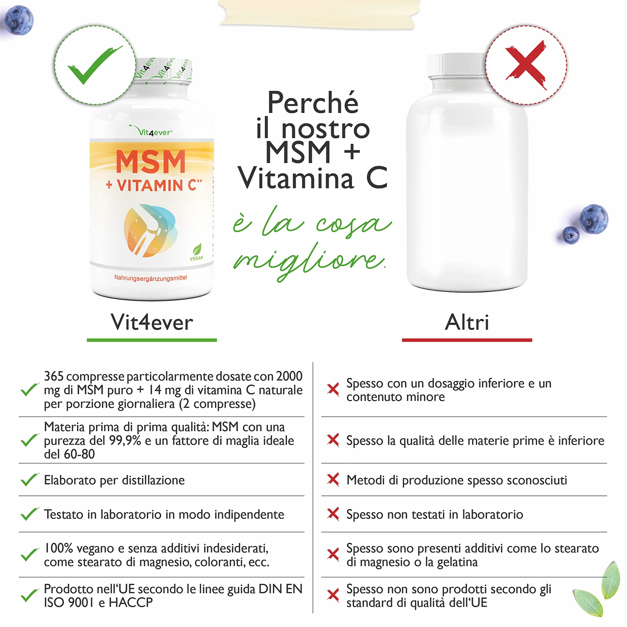 MSM 2000mg 365 compresse con vitamina C naturale acerola vegan