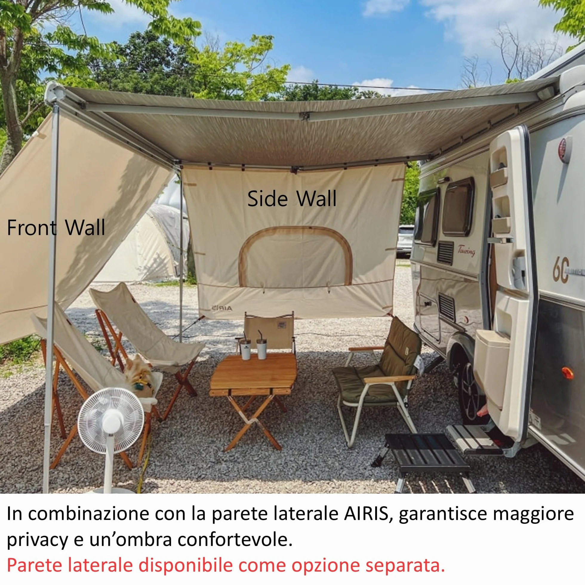 Fiamma F45 AIRIS Parete Anteriore Tenda da Sole Camper 390x190 cm Tessuto Misto Cotone Avorio Impermeabile Protezione UV