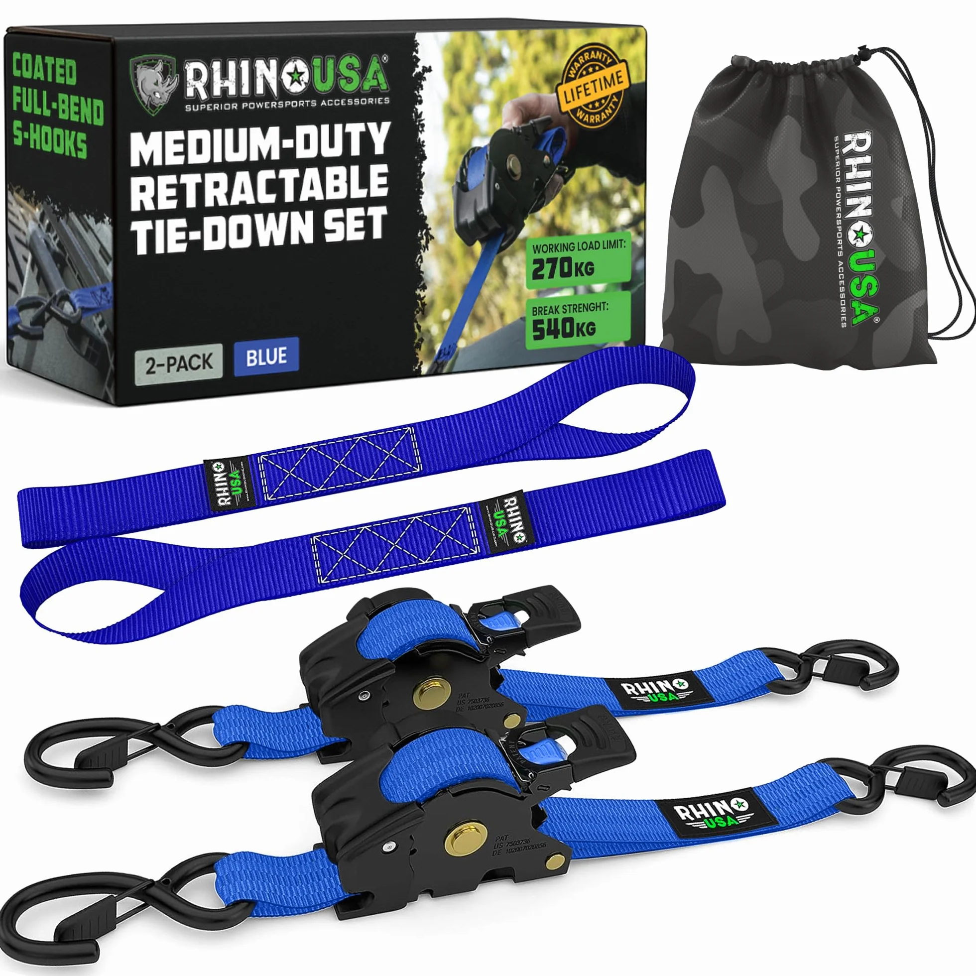 Rhino USA Cinghie a Cricchetto Retrattili 2.5cm x 3m 540kg Confezione da 2 Blu