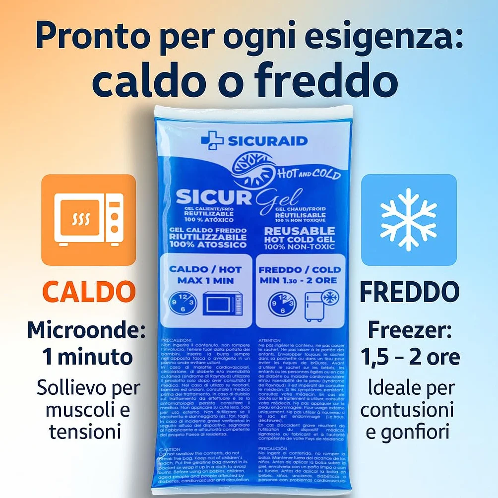 Sicuraid Ghiaccio Gel Riutilizzabile Made in Italy Impacco Caldo Freddo per Dolori Muscolari Borsa Ghiaccio Corpo con Sacca Protettiva 1 Pezzo Grande