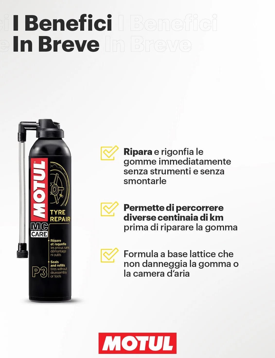 Motul - Aerosol Gonfiante e Riparante per Pneumatici Moto con o Senza Camera d'Aria - Riparazione Istantanea Senza Smontaggio né Attrezzi - MC Care Tyre Repair P3-300 ml