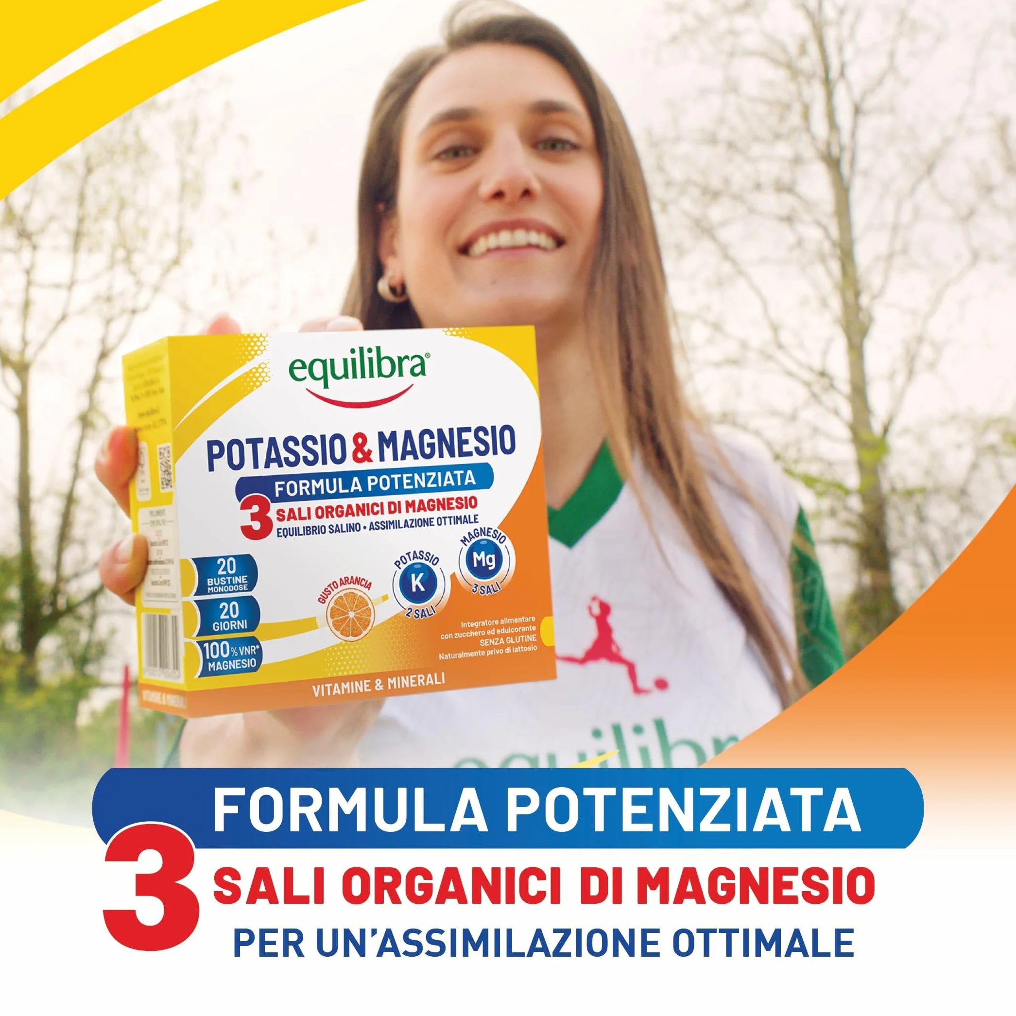 Equilibra Potassio e Magnesio 3 Formula Potenziata Integratore Sali Minerali Gusto Arancia 20 Bustine