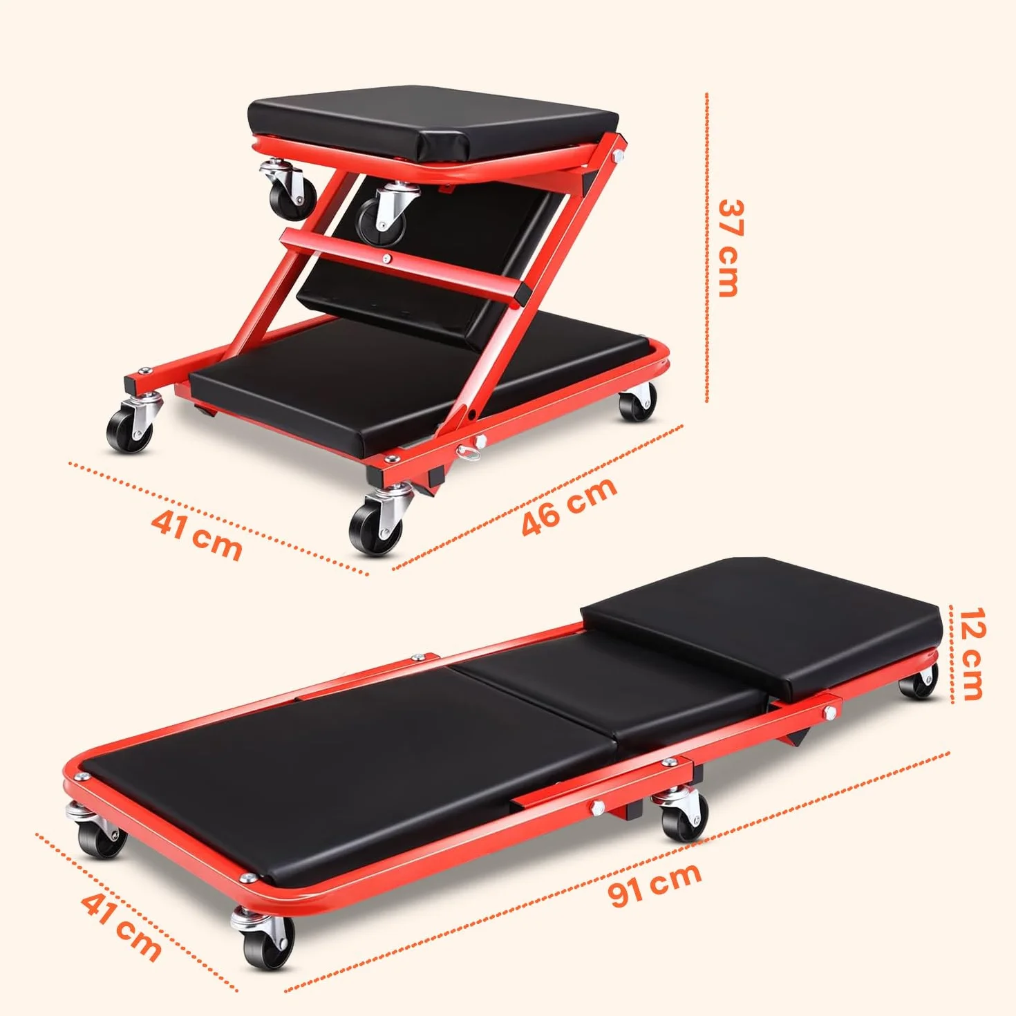 Avilia - Sgabello Officina 2 in 1 Trasformabile in Lettino Meccanico con 6 Ruote Girevoli, Struttura Robusta in Acciaio, Uso Ergonomico per Lavoro in Garage e Manutenzione Auto