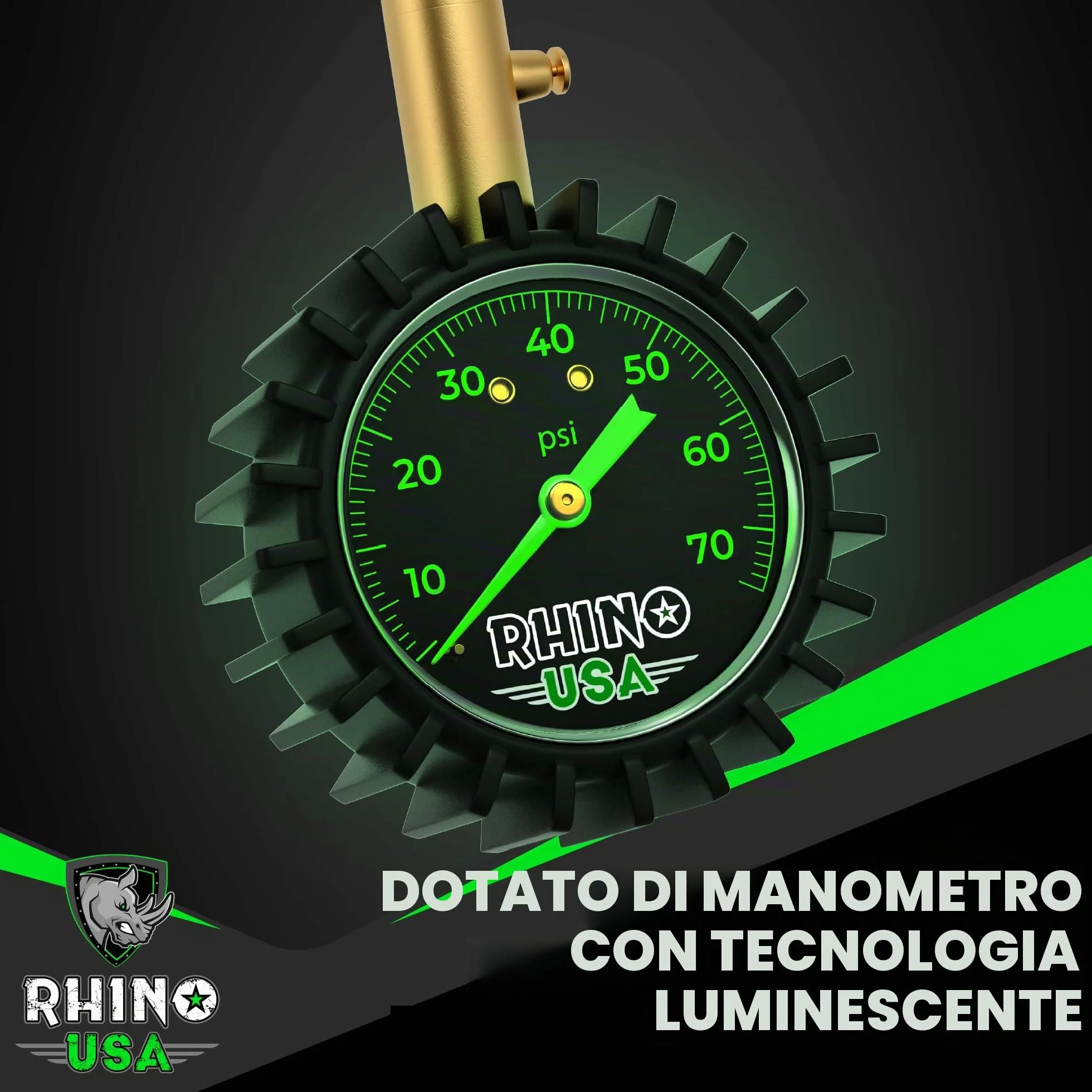 Rhino USA Manometro Pressione Gomme 0-75 PSI - Accuratezza Certificata ANSI B40.1, Quadrante 5 cm - Manometro Auto Camion Moto