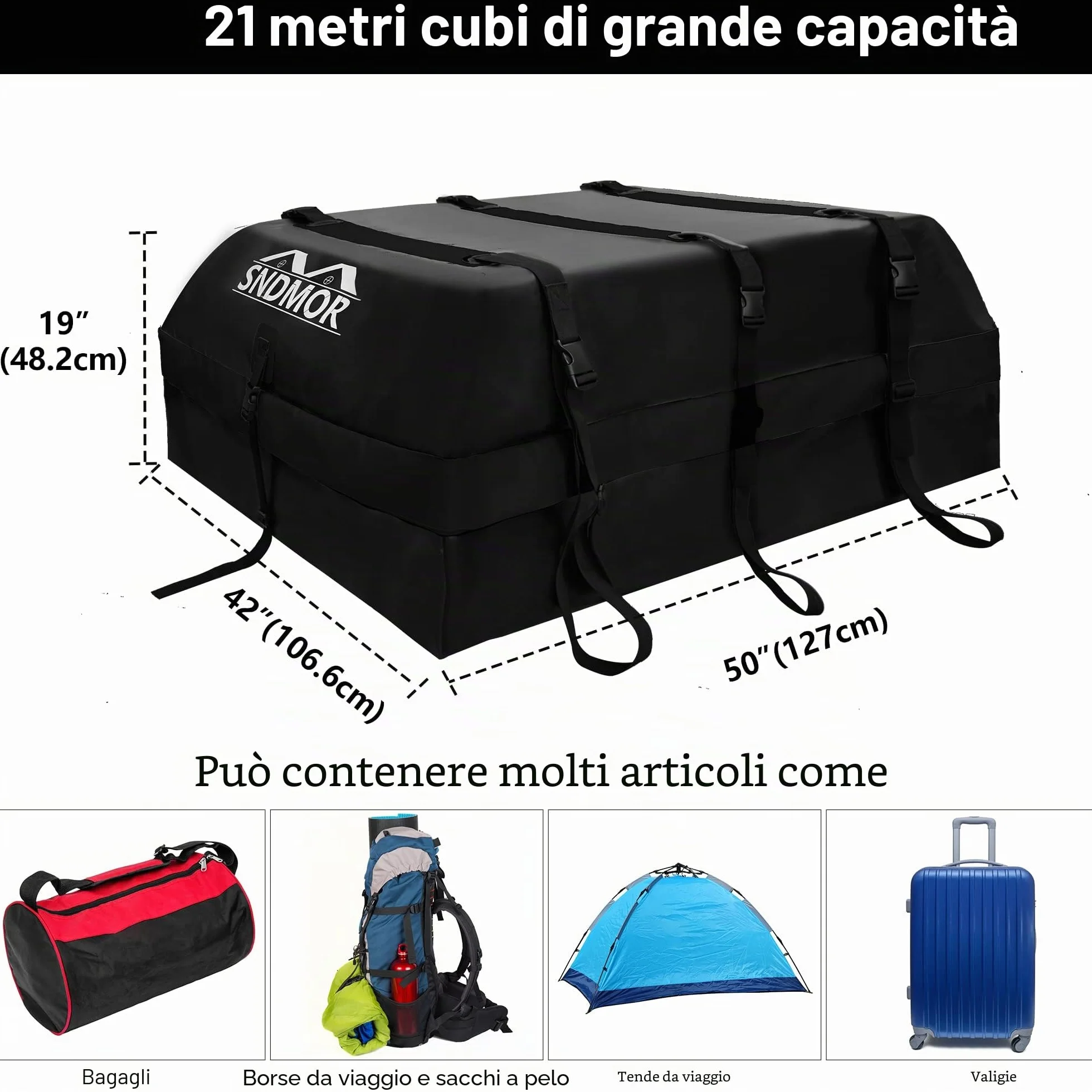 SNDMOR Borsa da Tetto Impermeabile 595L 21 Piedi Cubi con Tappetino Antiscivolo Cinghie Ganci