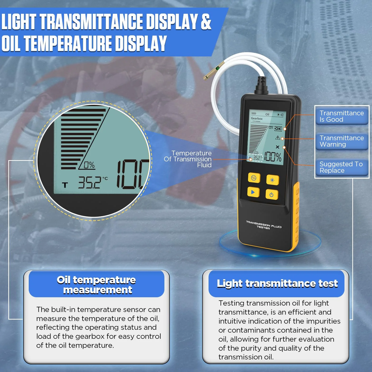 BELEY Tester per olio di trasmissione digitale per auto, con schermo da 2,8" e tubo da 800 mm, verifica la trasmissione della luce e la temperatura di diversi fluidi di trasmissione