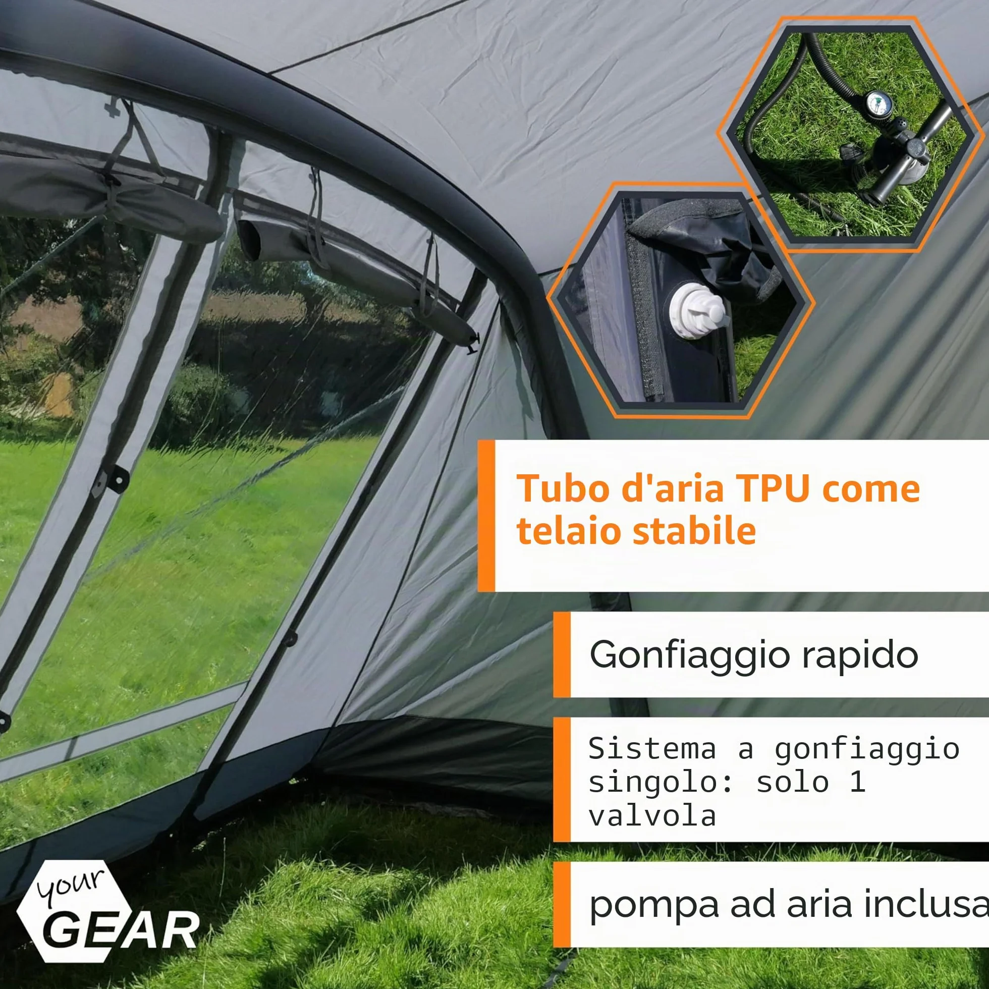 your GEAR, tenda gonfiabile Vicenza 350E AIR - tenda gonfiabile 350 x 250 cm per roulotte con protezione solare UPF 50+ e colonna d'acqua 5000 mm, tenda grigia per camper e roulotte inclusa di pompa