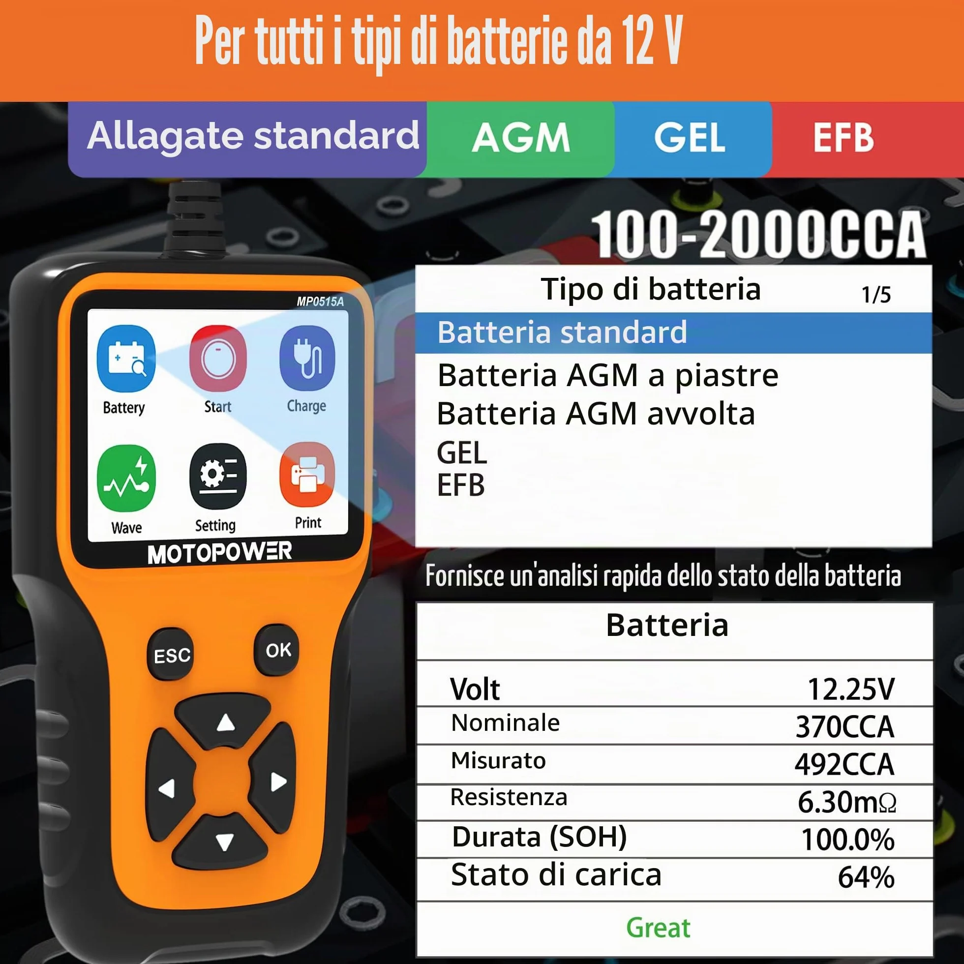 MOTOPOWER MP0515A 12V Tester di carica della batteria dell'auto e analizzatore dell'alternatore