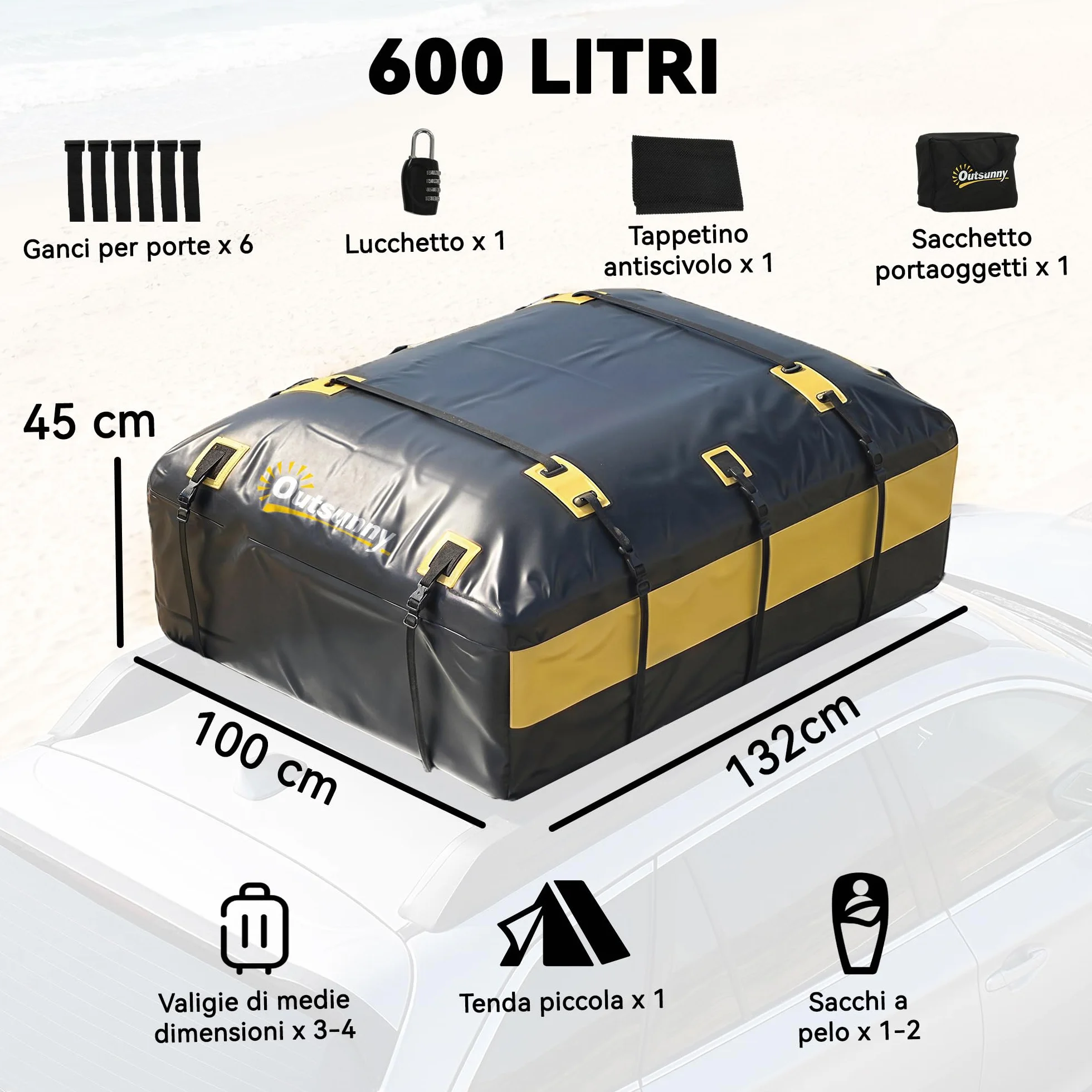 Outsunny Portabagagli da Tetto 595 Litri Impermeabile, Borsa da Tetto Auto con 6 Cinghie Rinforzate, Tappetino Antiscivolo e Ganci per Portiere, Adatto a Tutti i Veicoli con o senza Barre, Giallo