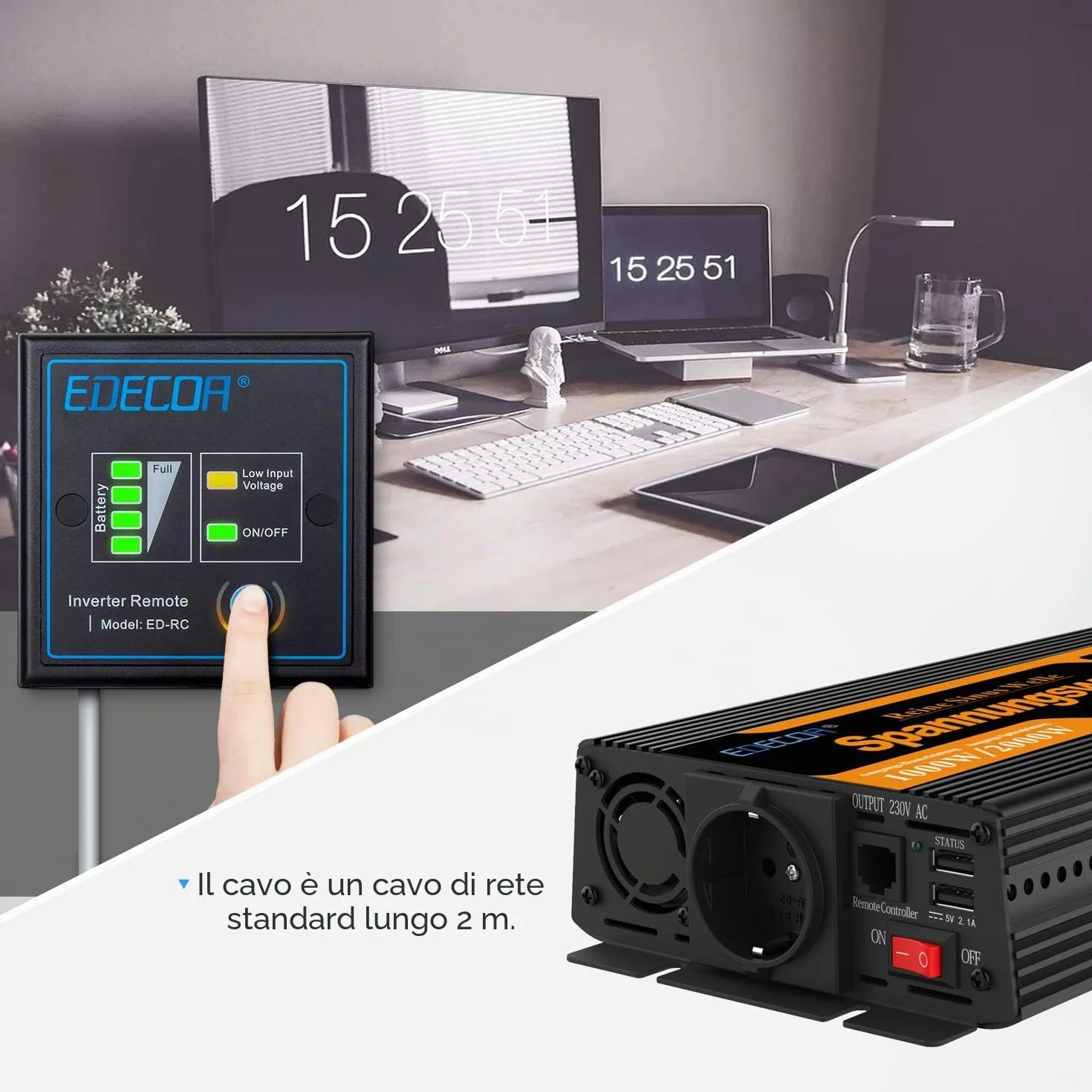 EDECOA Inverter 12V 220V Onda Pura 1000W USB Telecomando Convertitore di Potenza Isolamento Galvanico 3a Generazione