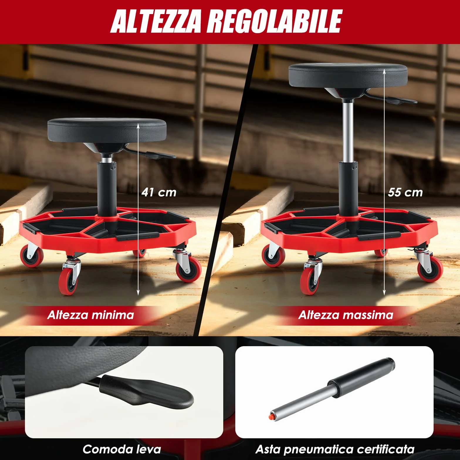 COSTWAY Sgabello da Officina con Ruote, 150 kg, Altezza Regolabile, Girevole, Rosso